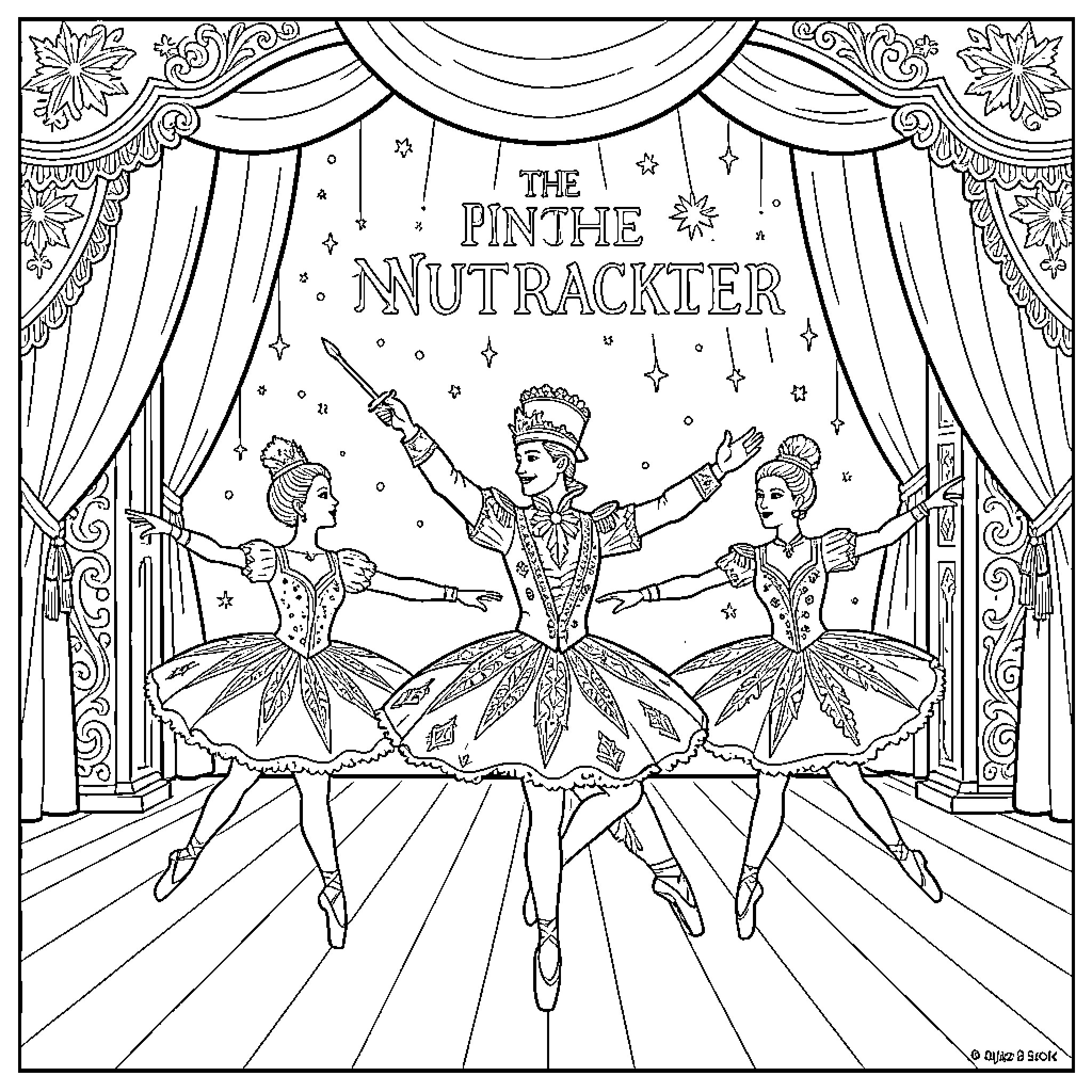 Ballet dancers performing on stage for The Nutcracker Coloring Page (free black-and-white line drawing printable PDF for all, from beginners to advanced learners, including children, teens, adults, and seniors)