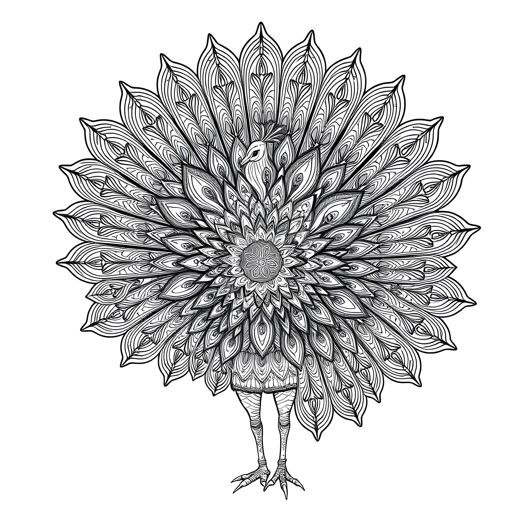 Peacock displaying its magnificent feathers Coloring Page (free black-and-white line drawing printable PDF for all, from beginners to advanced learners, including children, teens, adults, and seniors)