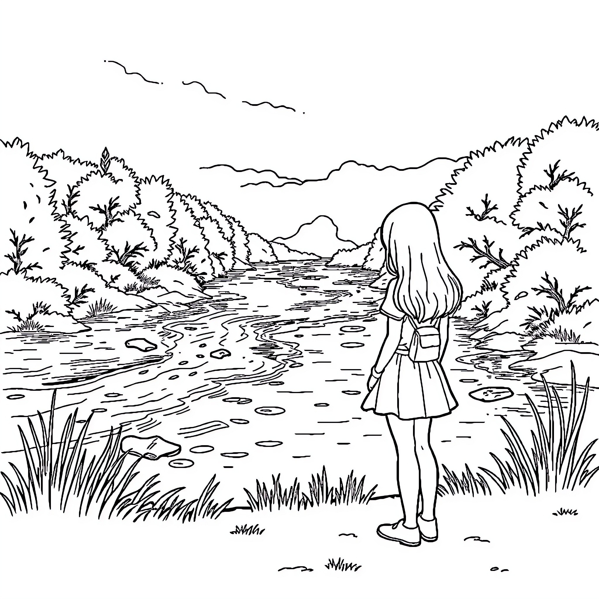 Girl exploring serene woodland landscape Coloring Page (free black-and-white line drawing printable PDF for all, from beginners to advanced learners, including children, teens, adults, and seniors)