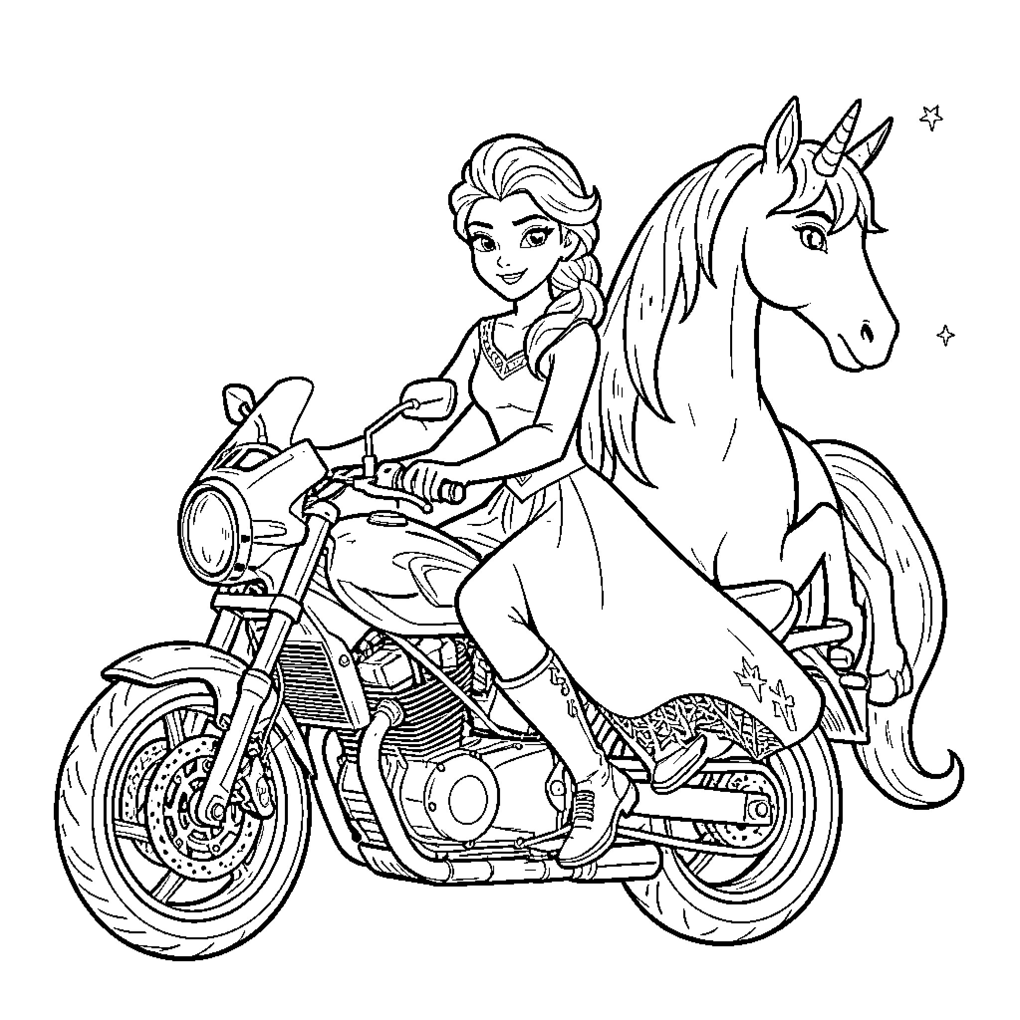 Elsa's Adventurous Motorcycle Ride with Unicorn Companion Coloring Page (free black-and-white line drawing printable PDF for all, from beginners to advanced learners, including children, teens, adults, and seniors)