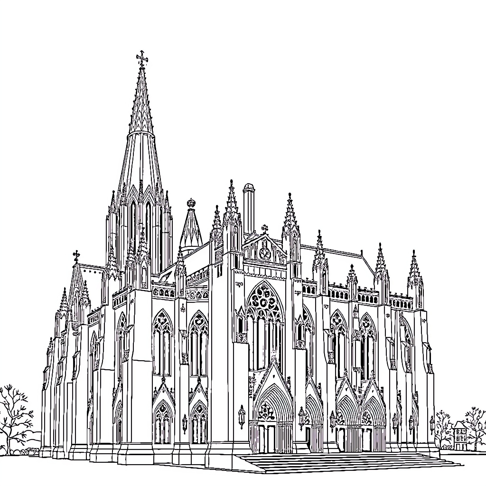 Cathedral with Towering Spires and Intricate Architecture Coloring Page (free black-and-white line drawing printable PDF for all, from beginners to advanced learners, including children, teens, adults, and seniors)