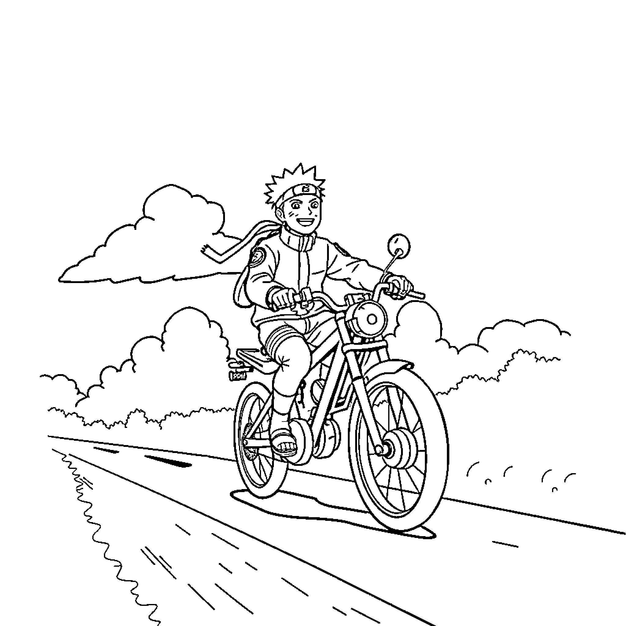 Naruto riding a bicycle on the road Coloring Page (free black-and-white line drawing printable PDF for all, from beginners to advanced learners, including children, teens, adults, and seniors)