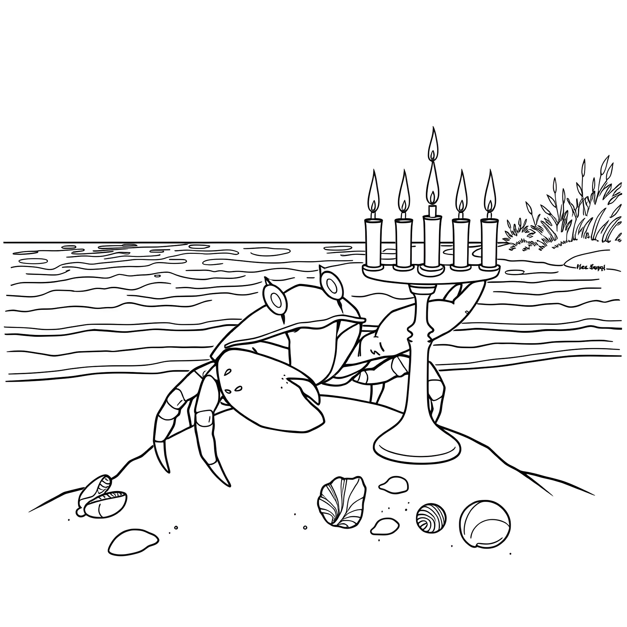 Hermit Crab exploring the underwater candles Coloring Page (free black-and-white line drawing printable PDF for all, from beginners to advanced learners, including children, teens, adults, and seniors)