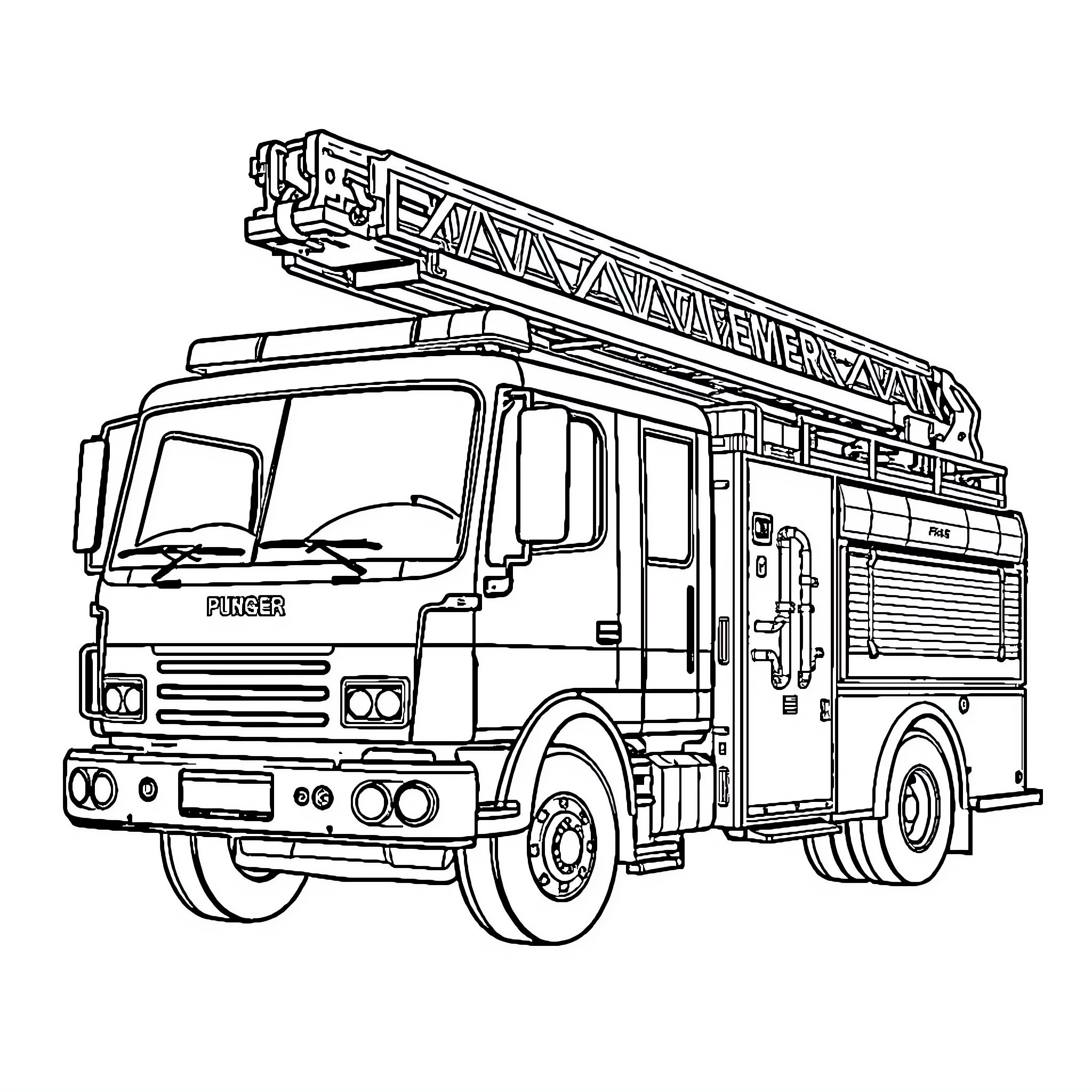 Fire Truck Responding to Emergency with Ladders Coloring Page (free black-and-white line drawing printable PDF for all, from beginners to advanced learners, including children, teens, adults, and seniors)