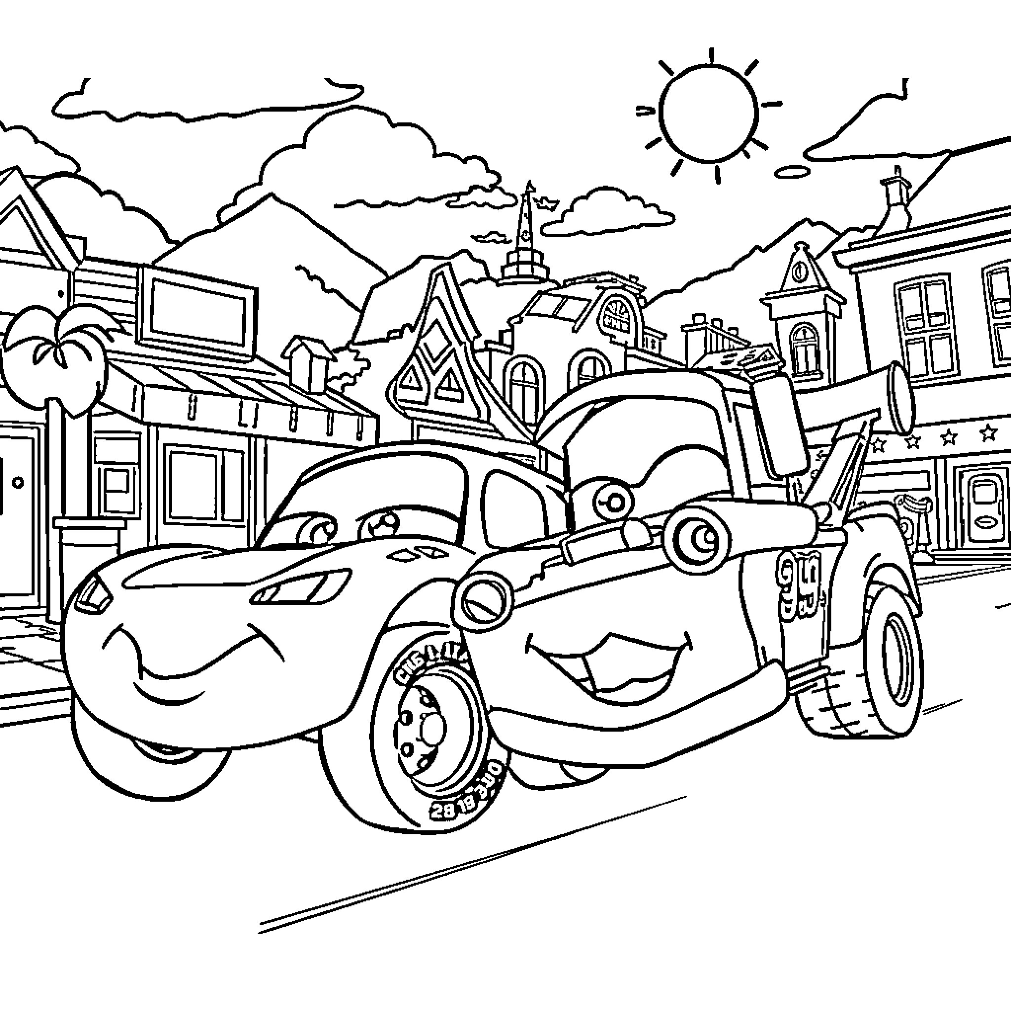 Lightning McQueen Explores the Animated Town Coloring Page (free black-and-white line drawing printable PDF for all, from beginners to advanced learners, including children, teens, adults, and seniors)