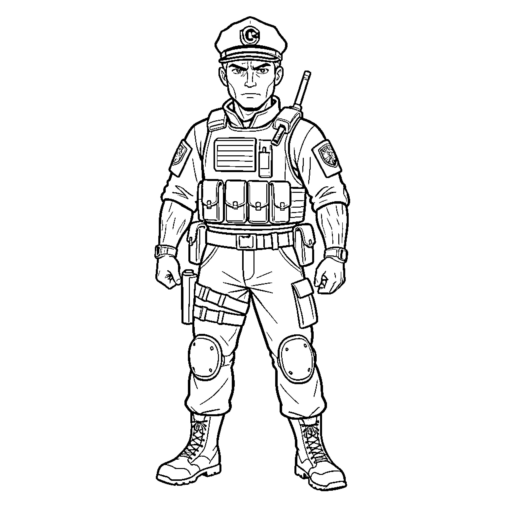Snake wearing military tactical gear and uniform Coloring Page (free black-and-white line drawing printable PDF for all, from beginners to advanced learners, including children, teens, adults, and seniors)