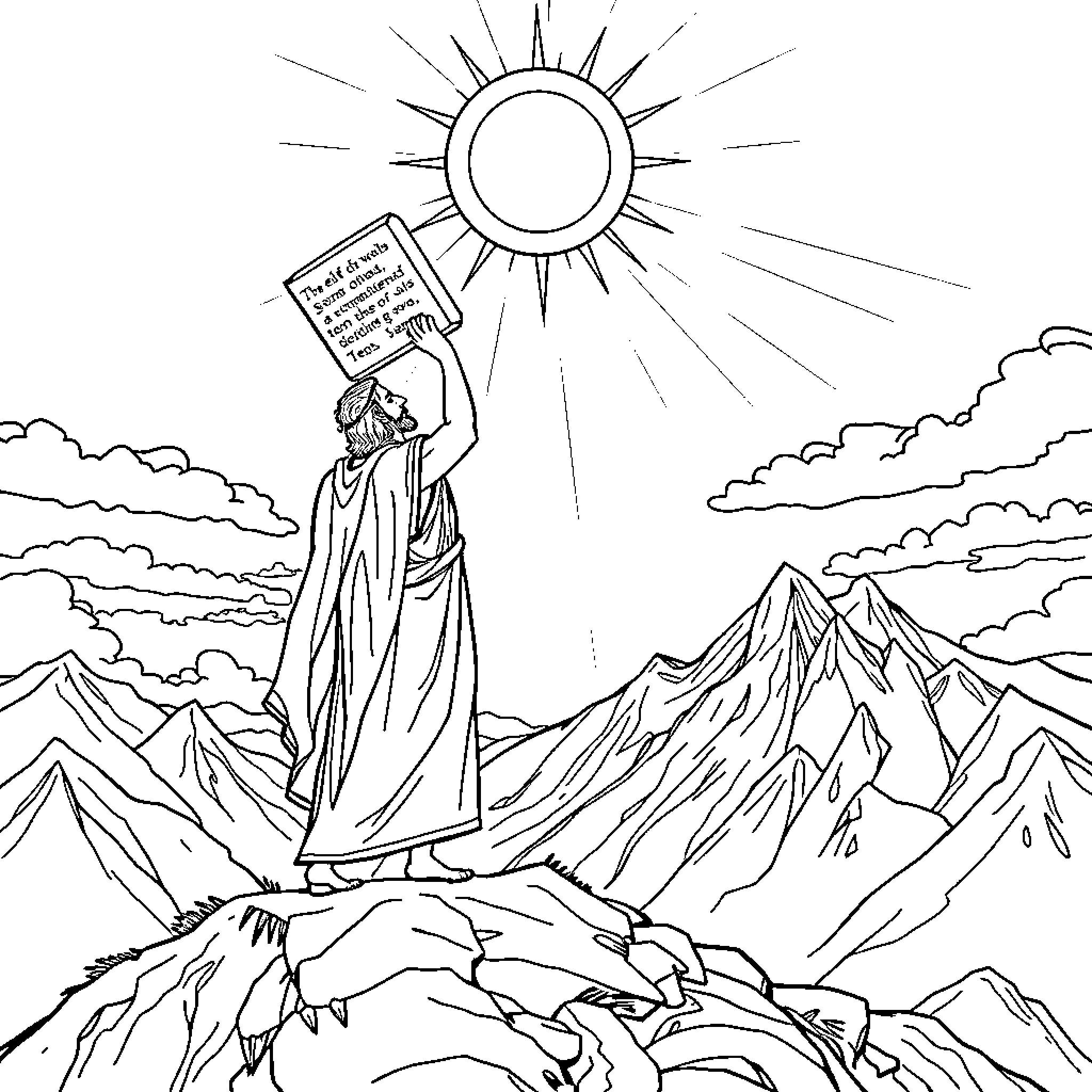 Moses Preaching on the Mountain with Clouds Coloring Page (free black-and-white line drawing printable PDF for all, from beginners to advanced learners, including children, teens, adults, and seniors)
