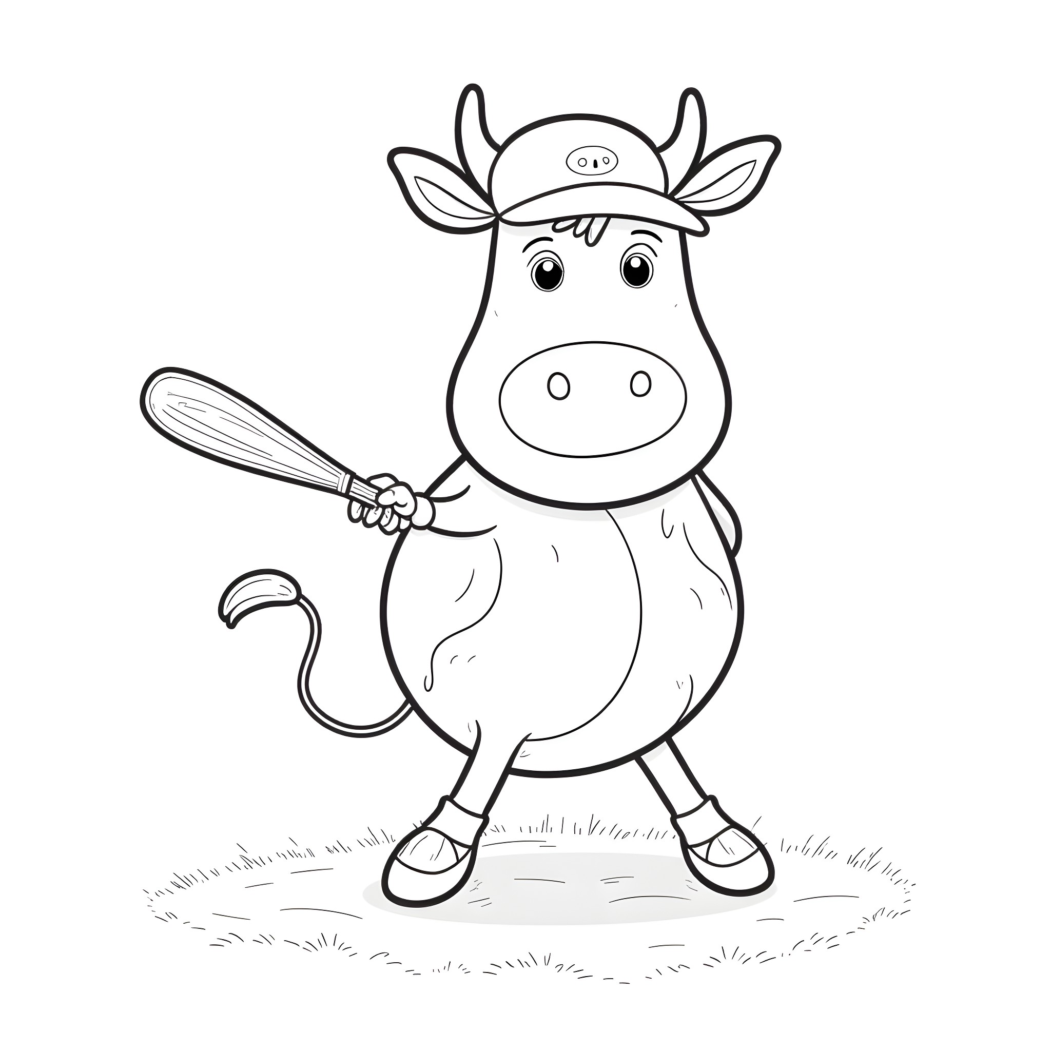 Cow playing baseball in the field Coloring Page (free black-and-white line drawing printable PDF for all, from beginners to advanced learners, including children, teens, adults, and seniors)