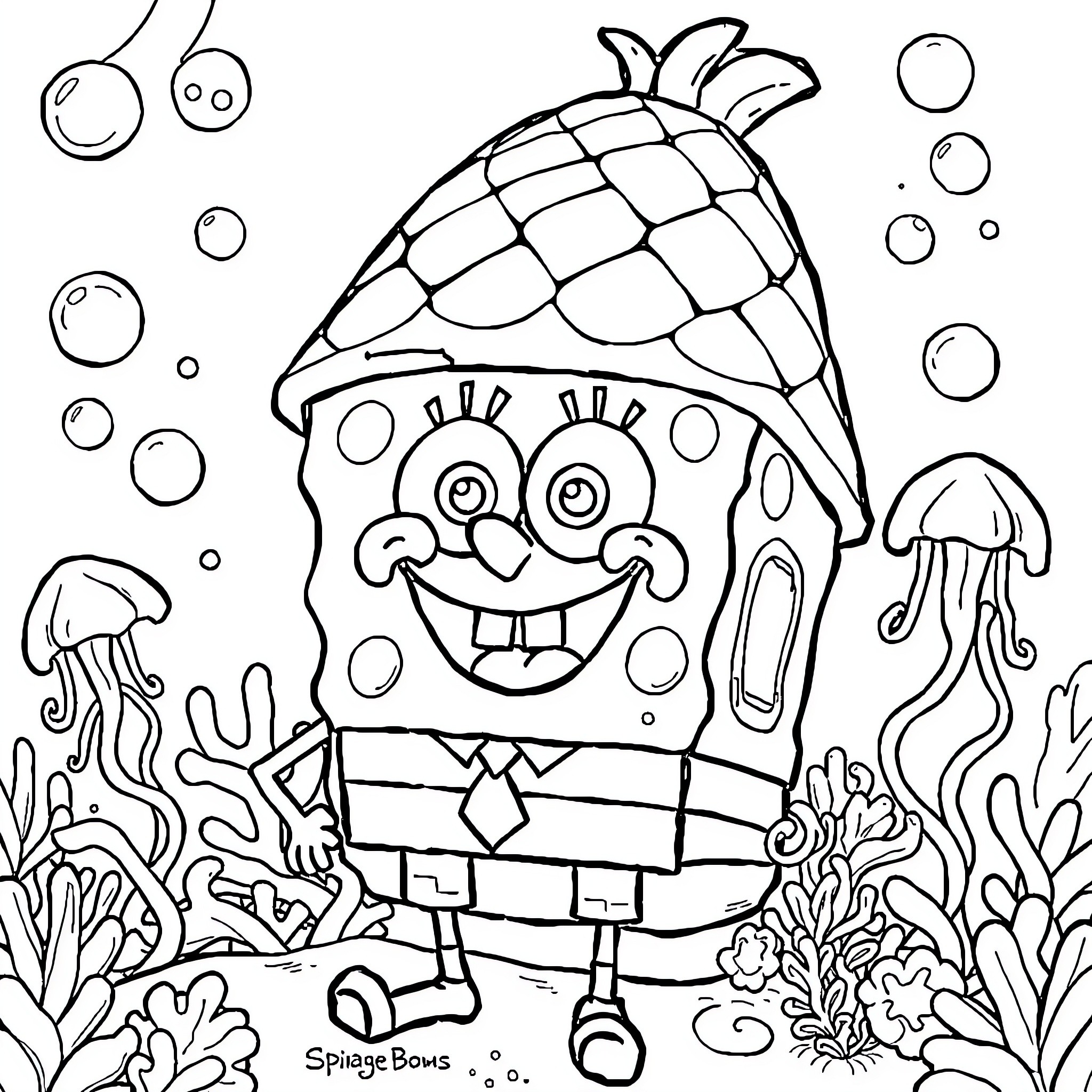Spongebob playing happily in the underwater ocean Coloring Page (free black-and-white line drawing printable PDF for all, from beginners to advanced learners, including children, teens, adults, and seniors)