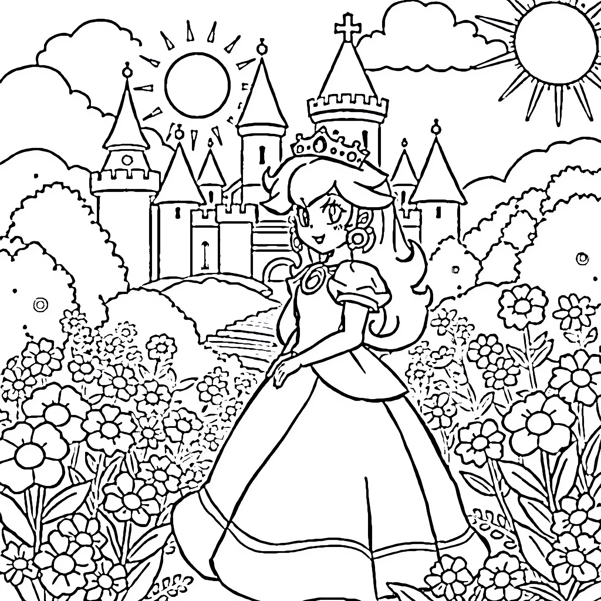Princess enjoying a day in the royal castle garden Coloring Page (free black-and-white line drawing printable PDF for all, from beginners to advanced learners, including children, teens, adults, and seniors)