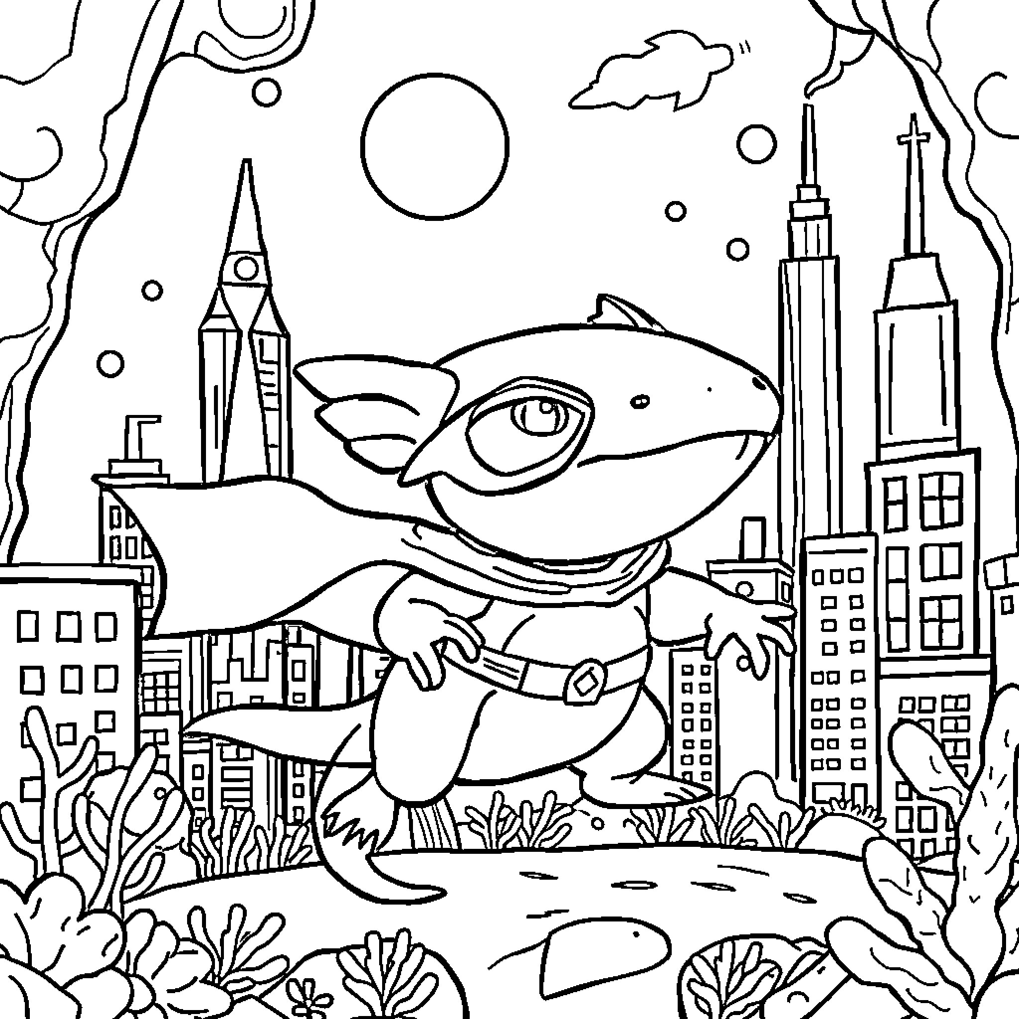 Axolotl exploring the urban landscape Coloring Page (free black-and-white line drawing printable PDF for all, from beginners to advanced learners, including children, teens, adults, and seniors)