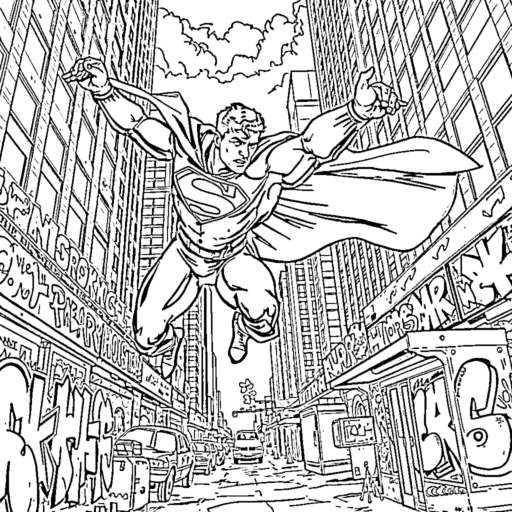 Superman soaring over the city skyline Coloring Page (free black-and-white line drawing printable PDF for all, from beginners to advanced learners, including children, teens, adults, and seniors)