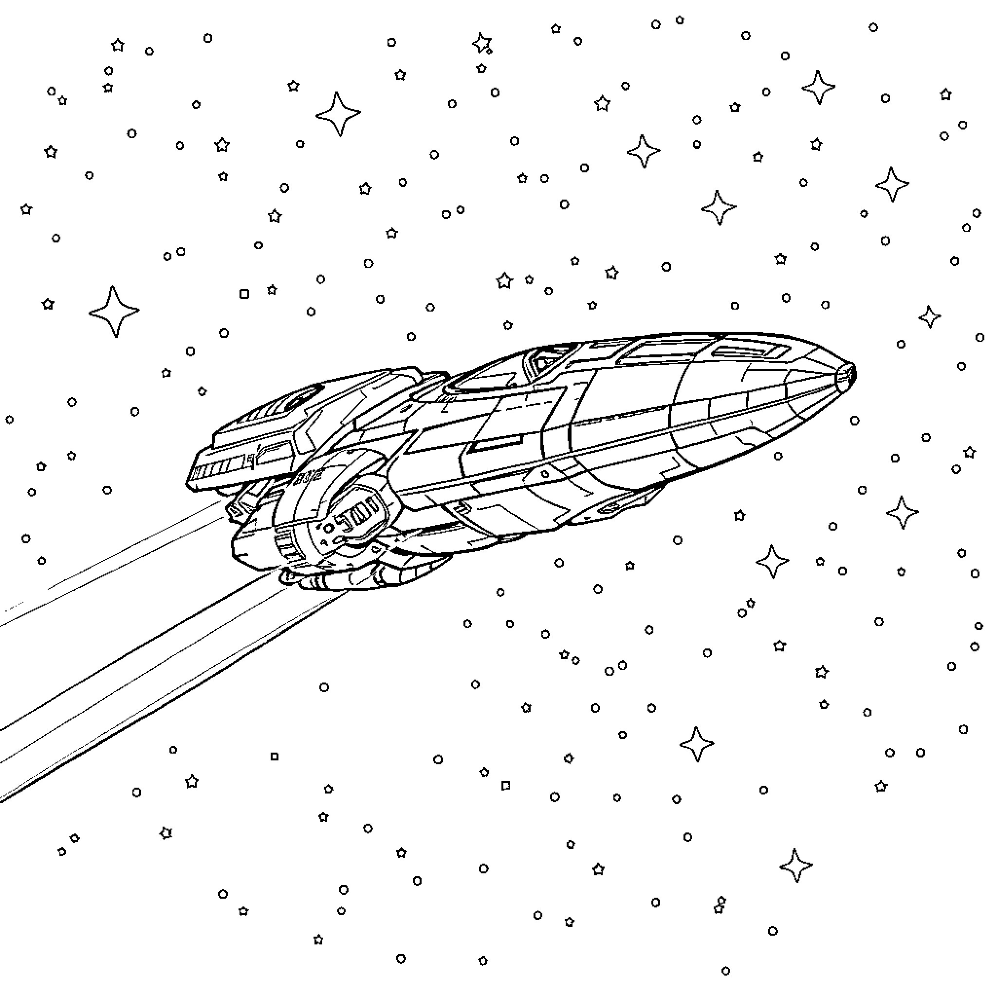 Mass Effect Sci-Fi Spacecraft in Starry Space Coloring Page (free black-and-white line drawing printable PDF for all, from beginners to advanced learners, including children, teens, adults, and seniors)