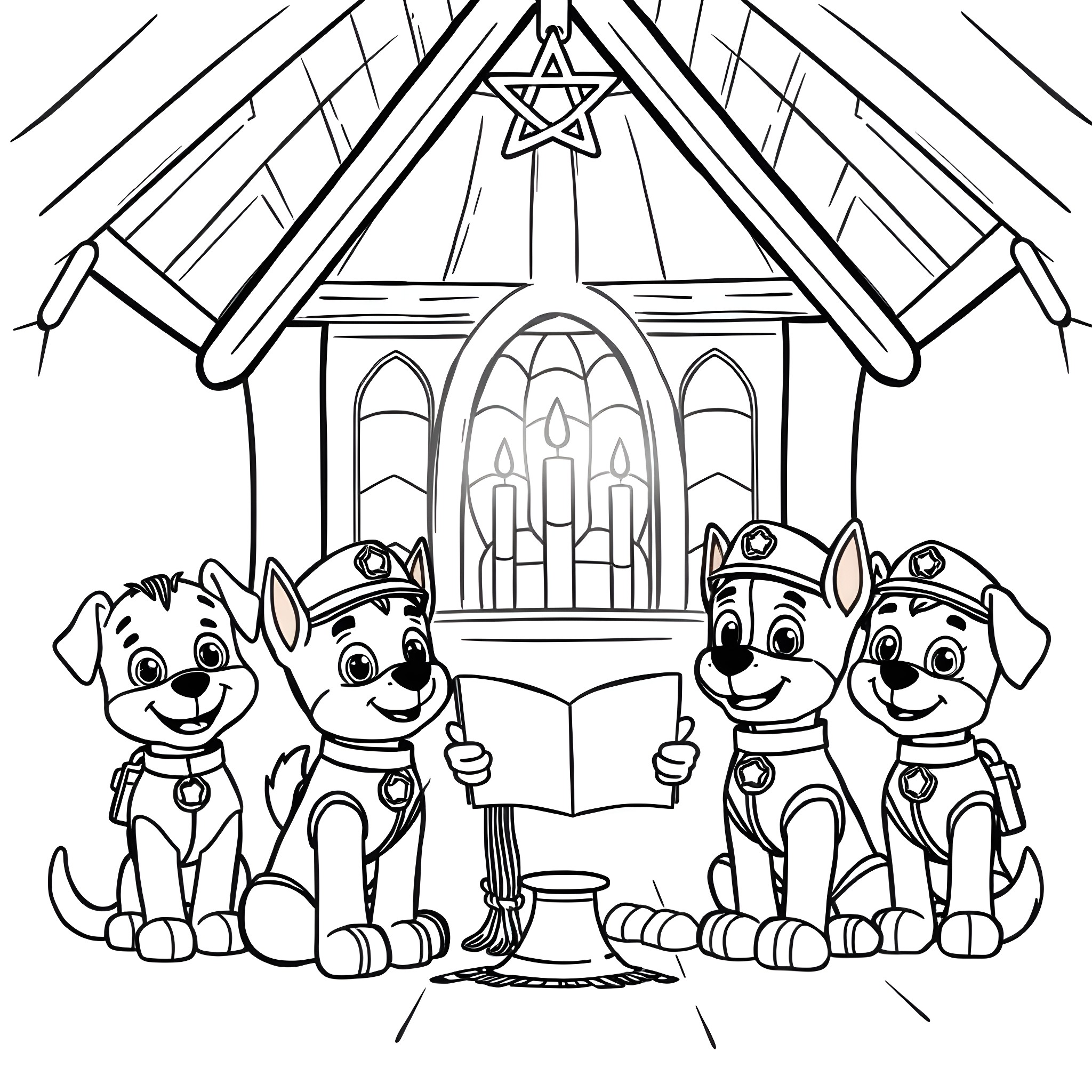 Paw Patrol puppies exploring a magical church Coloring Page (free black-and-white line drawing printable PDF for all, from beginners to advanced learners, including children, teens, adults, and seniors)