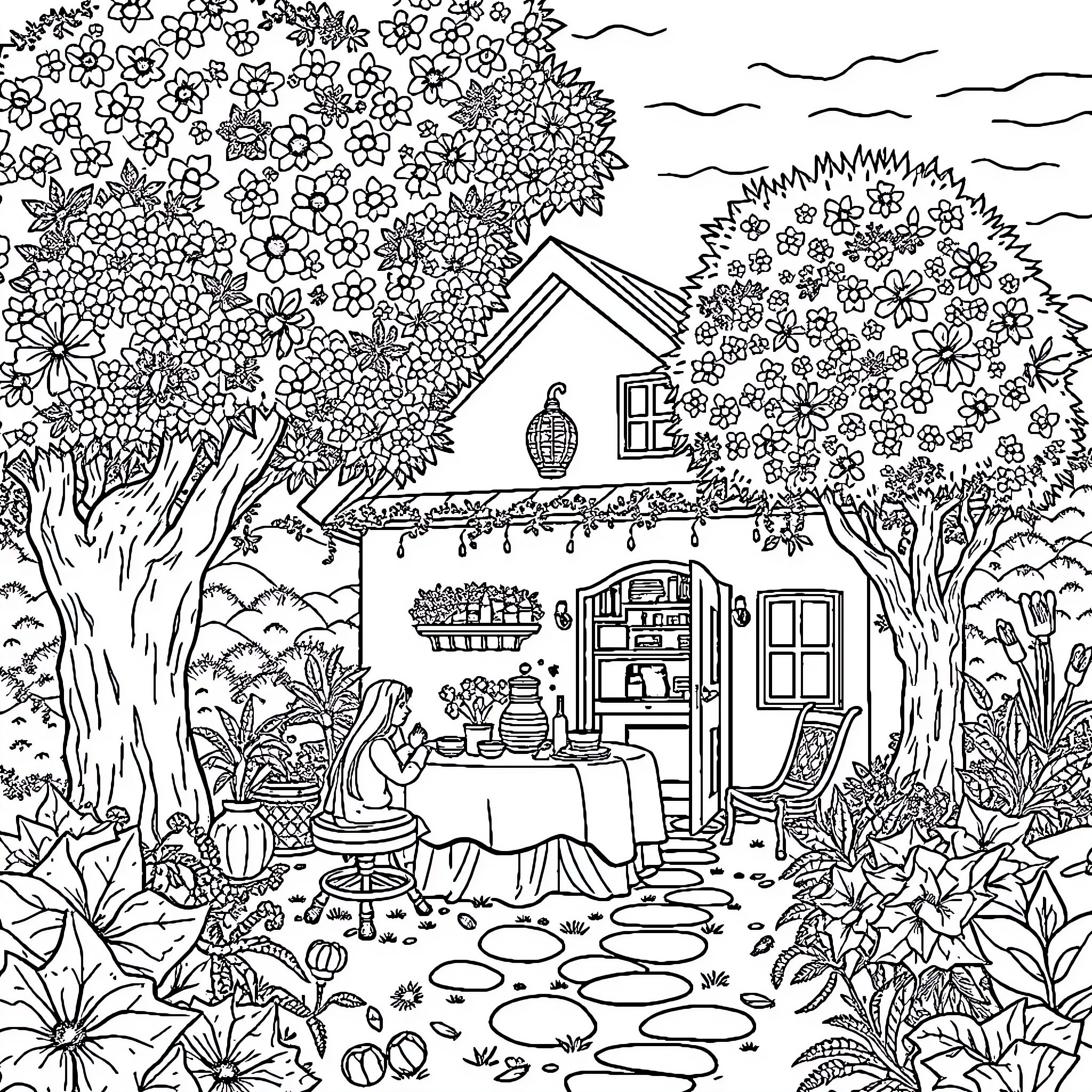Ballena: Whimsical Garden Cottage Scene Coloring Page (free black-and-white line drawing printable PDF for all, from beginners to advanced learners, including children, teens, adults, and seniors)
