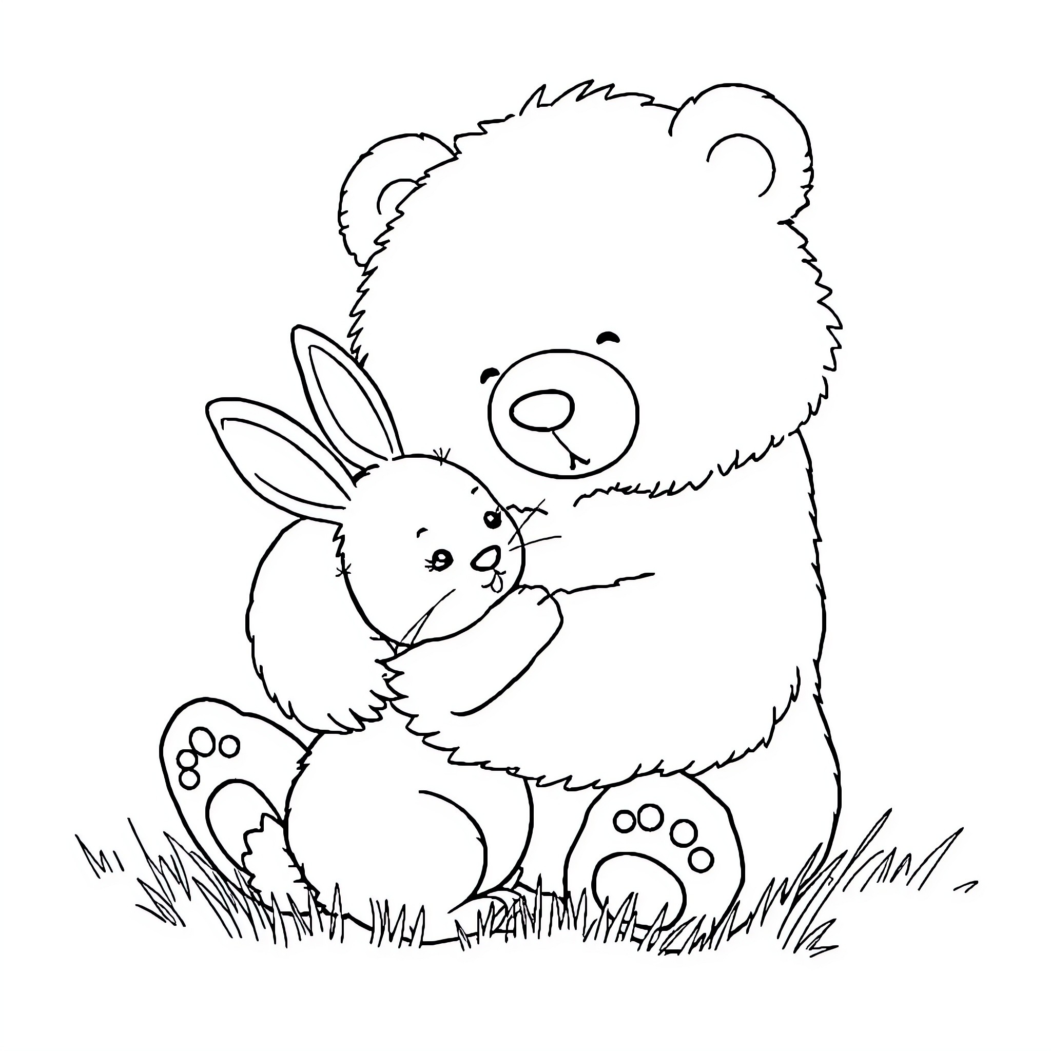 Bunny snuggling with teddy bear on grassy field Coloring Page (free black-and-white line drawing printable PDF for all, from beginners to advanced learners, including children, teens, adults, and seniors)