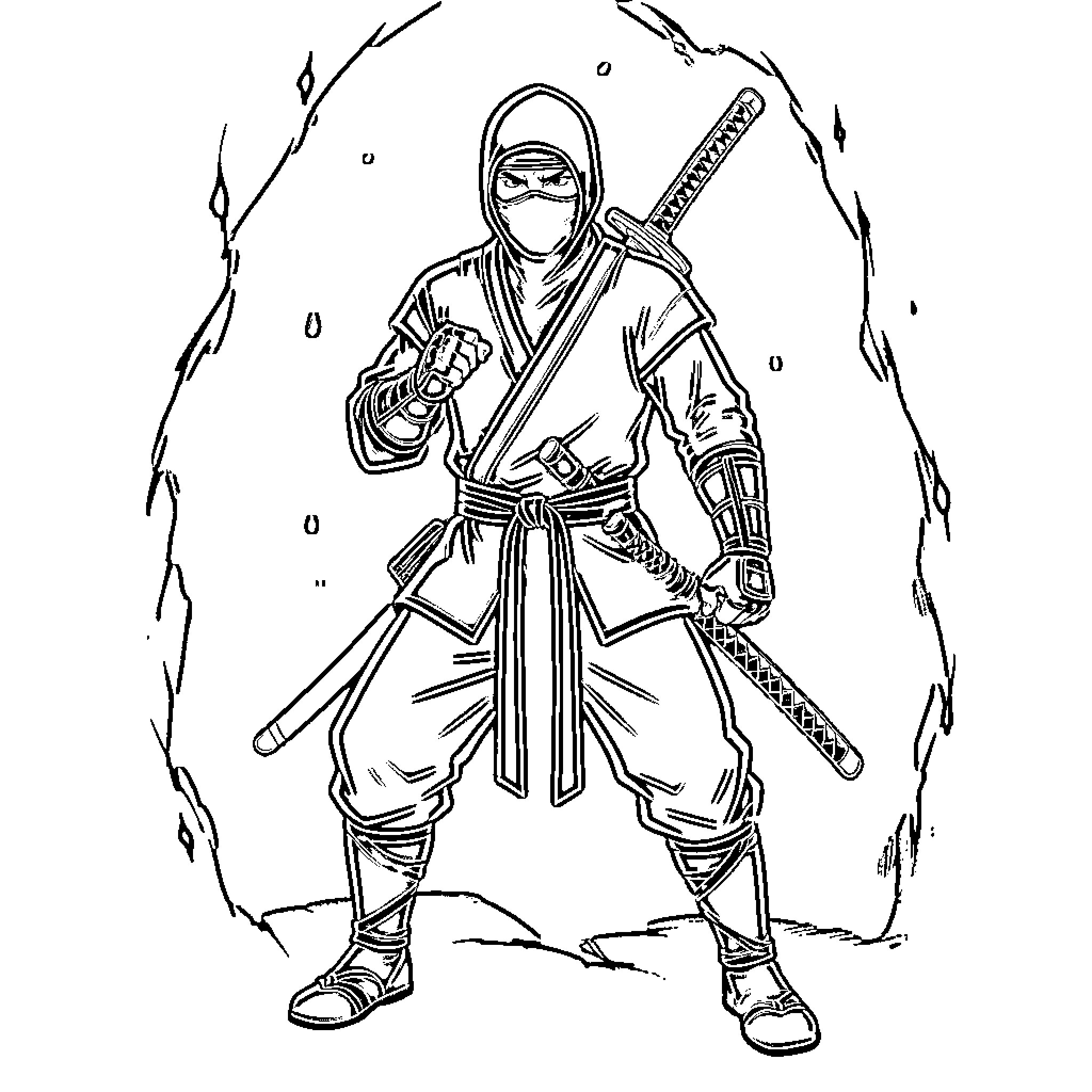 Ninja warrior wielding swords in action stance Coloring Page (free black-and-white line drawing printable PDF for all, from beginners to advanced learners, including children, teens, adults, and seniors)