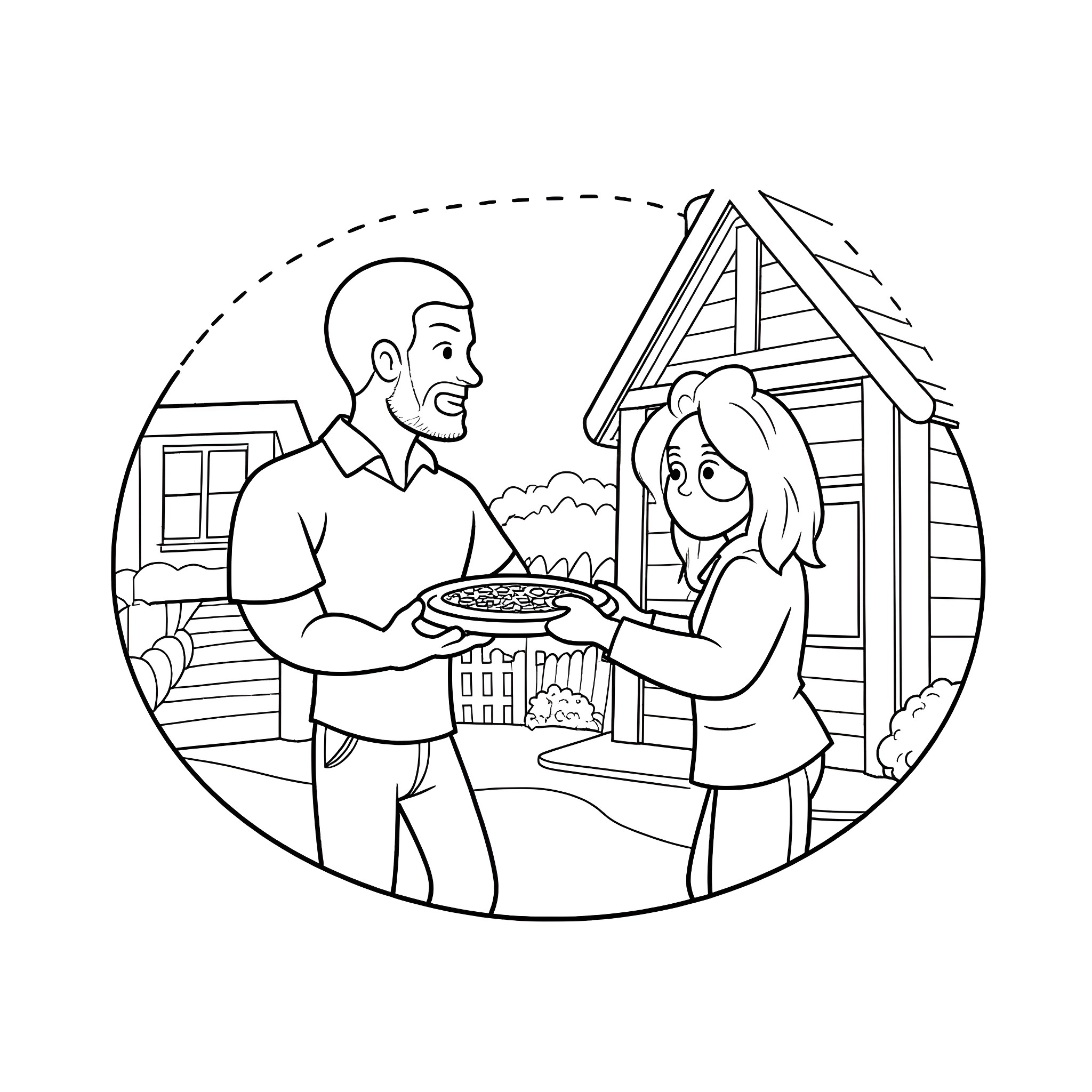 Man Carrying Freshly Baked Pie for Woman Outside Cottage Coloring Page (free black-and-white line drawing printable PDF for all, from beginners to advanced learners, including children, teens, adults, and seniors)