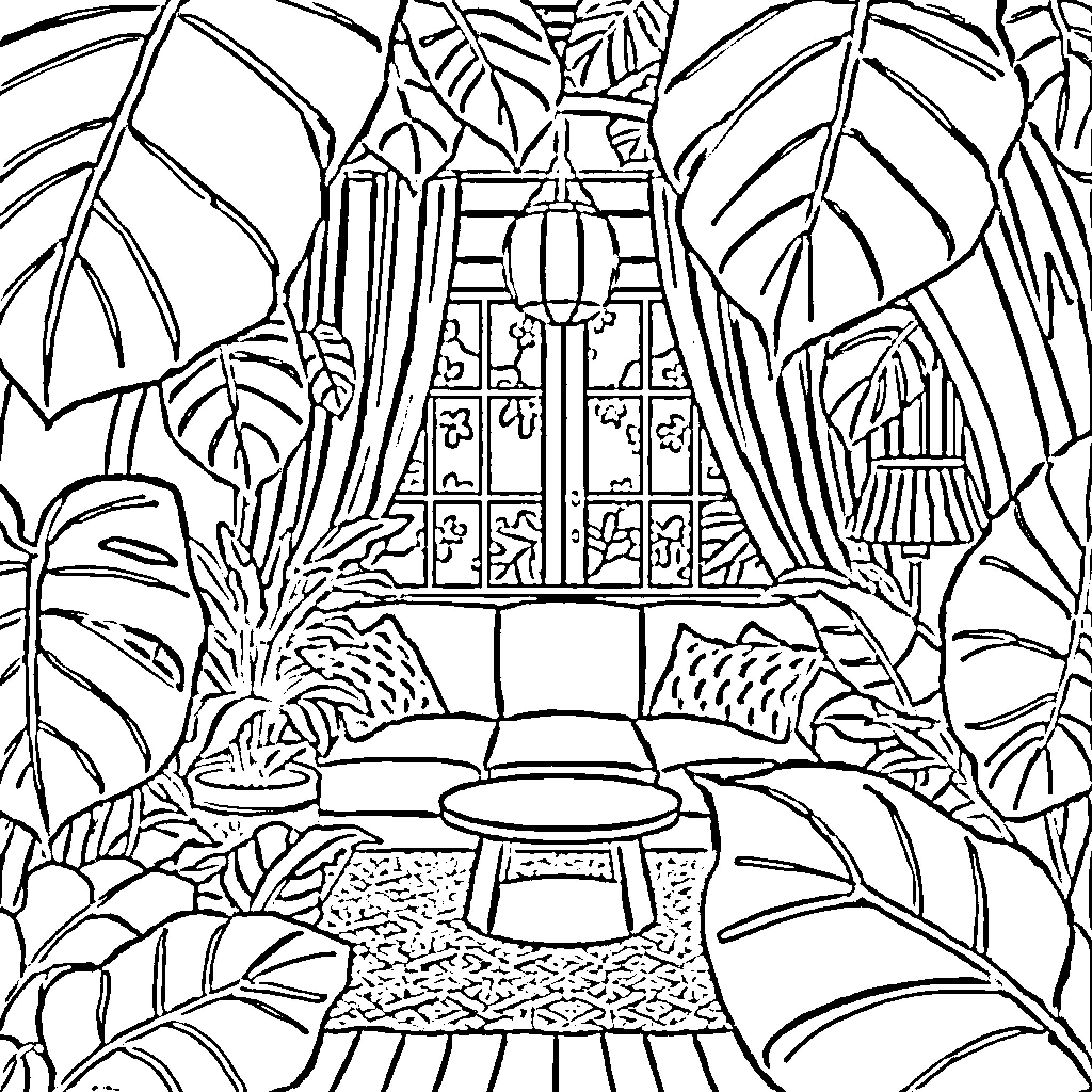 Monstera Leaves Surround Cozy Outdoor Seating Area Coloring Page (free black-and-white line drawing printable PDF for all, from beginners to advanced learners, including children, teens, adults, and seniors)