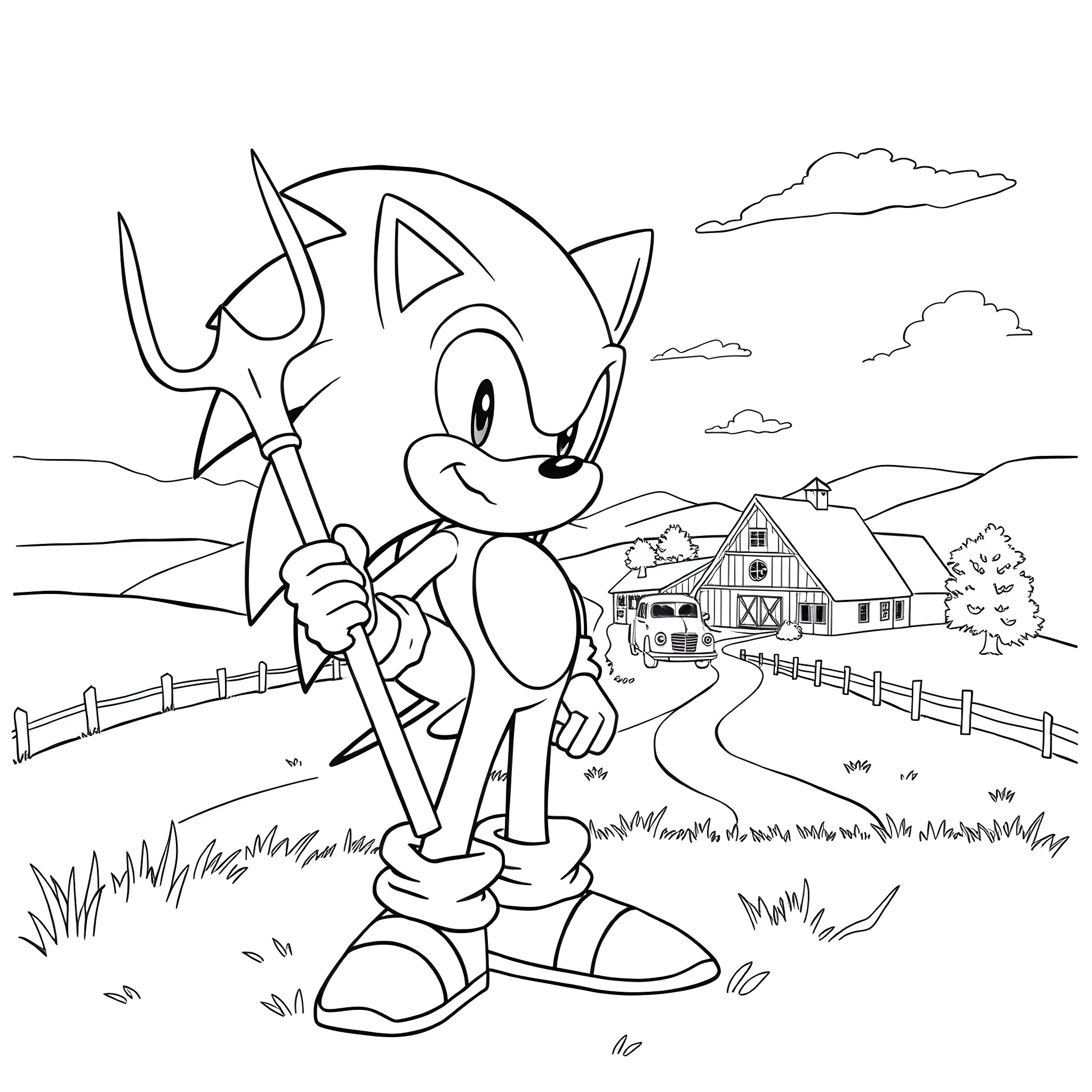 Sonic the Hedgehog exploring the countryside Coloring Page (free black-and-white line drawing printable PDF for all, from beginners to advanced learners, including children, teens, adults, and seniors)