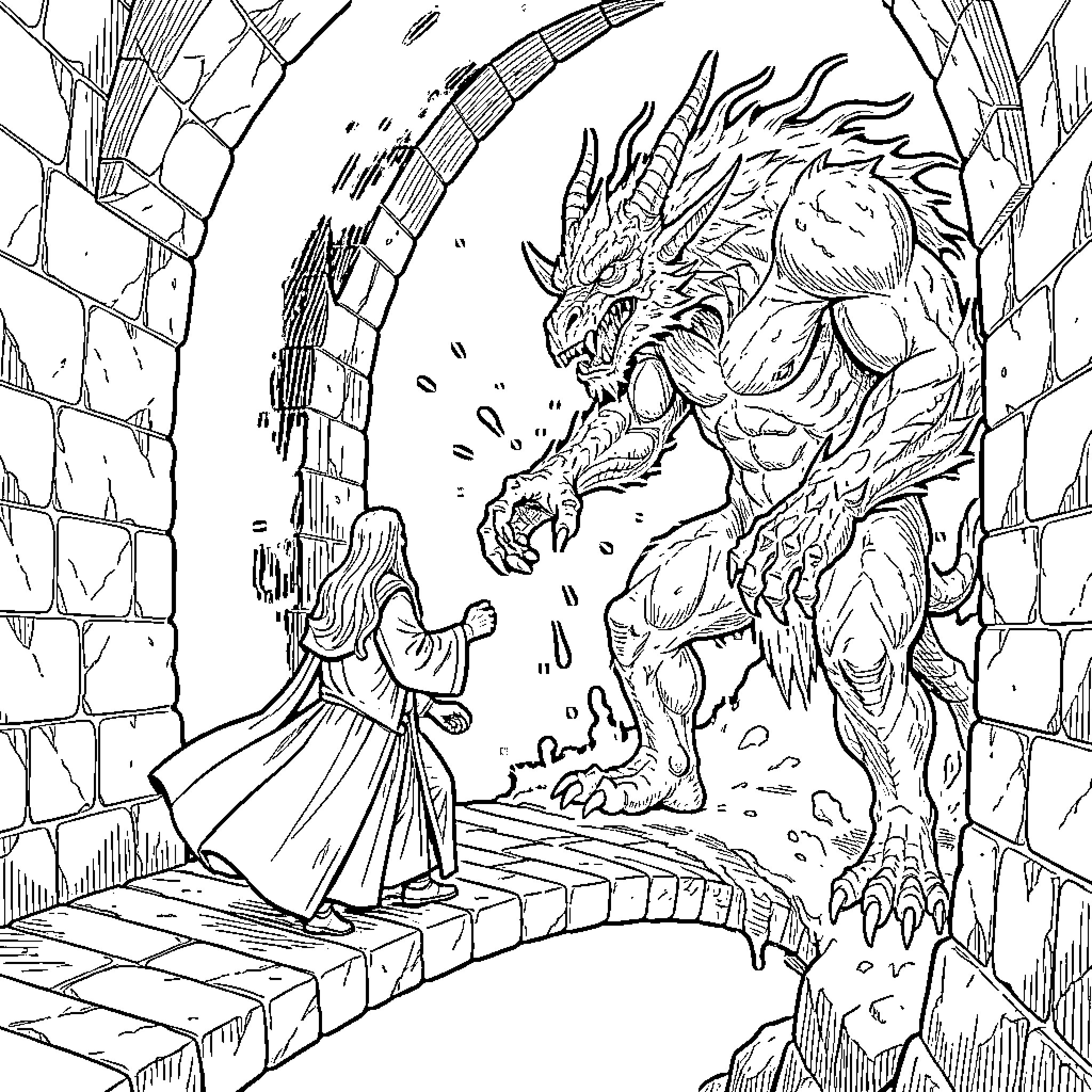 Gandalf facing a massive horned monster in a stone archway Coloring Page (free black-and-white line drawing printable PDF for all, from beginners to advanced learners, including children, teens, adults, and seniors)