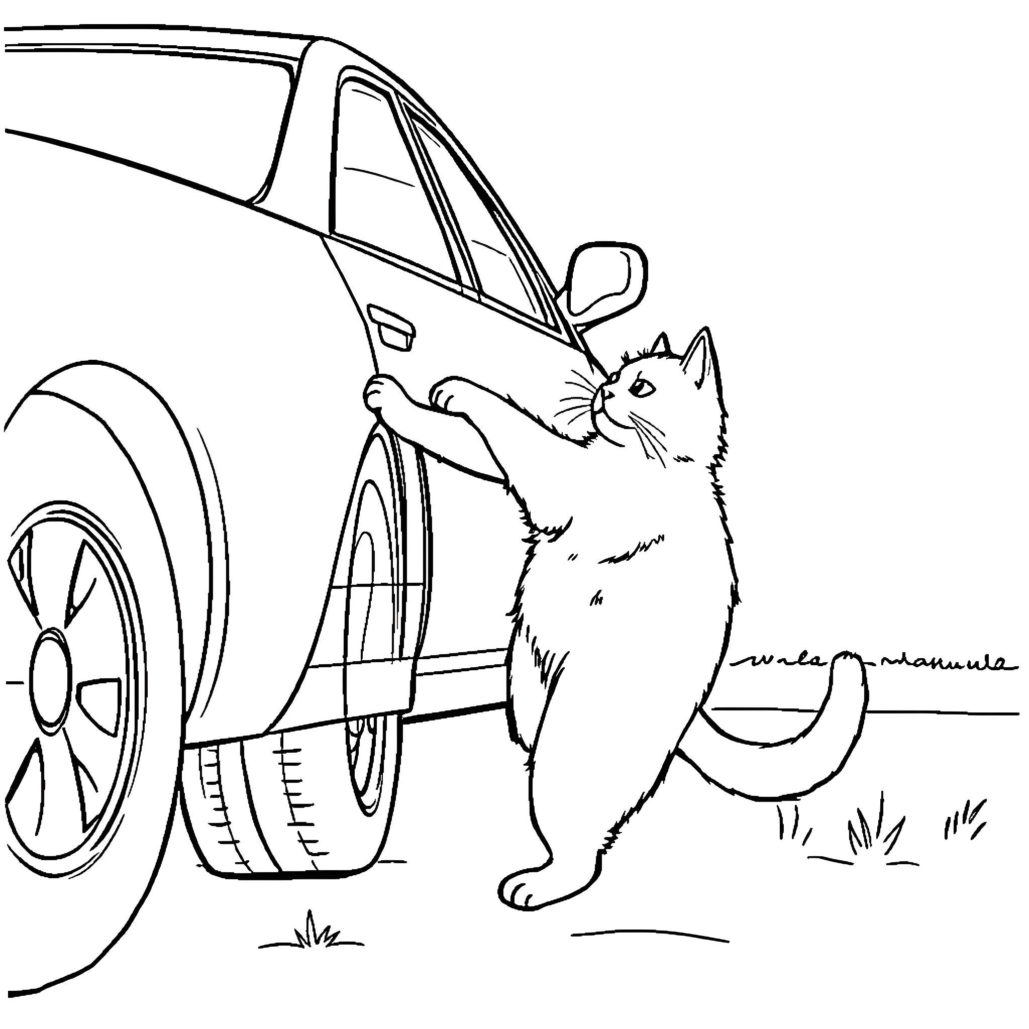 Cat exploring the car Coloring Page (free black-and-white line drawing printable PDF for all, from beginners to advanced learners, including children, teens, adults, and seniors)