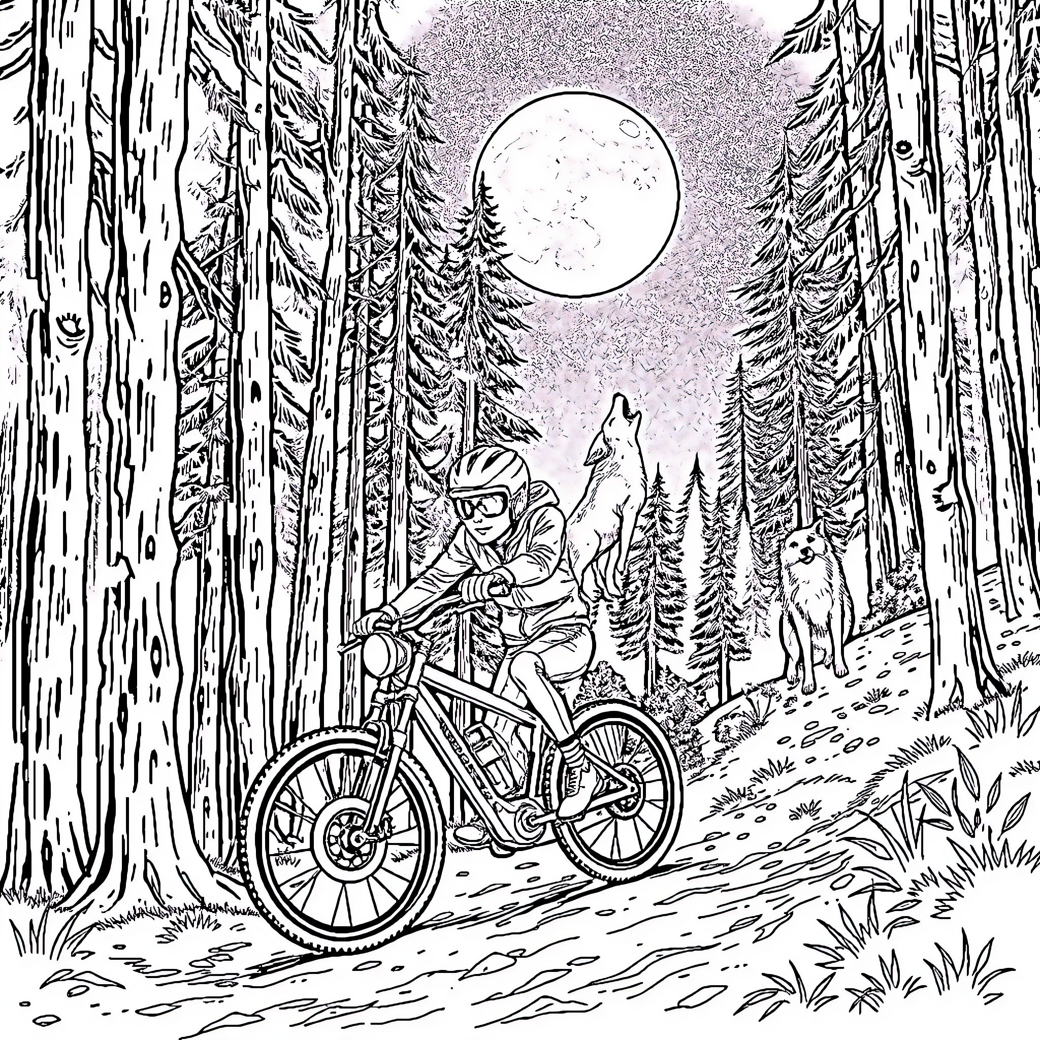 Biker riding through the moonlit forest Coloring Page (free black-and-white line drawing printable PDF for all, from beginners to advanced learners, including children, teens, adults, and seniors)