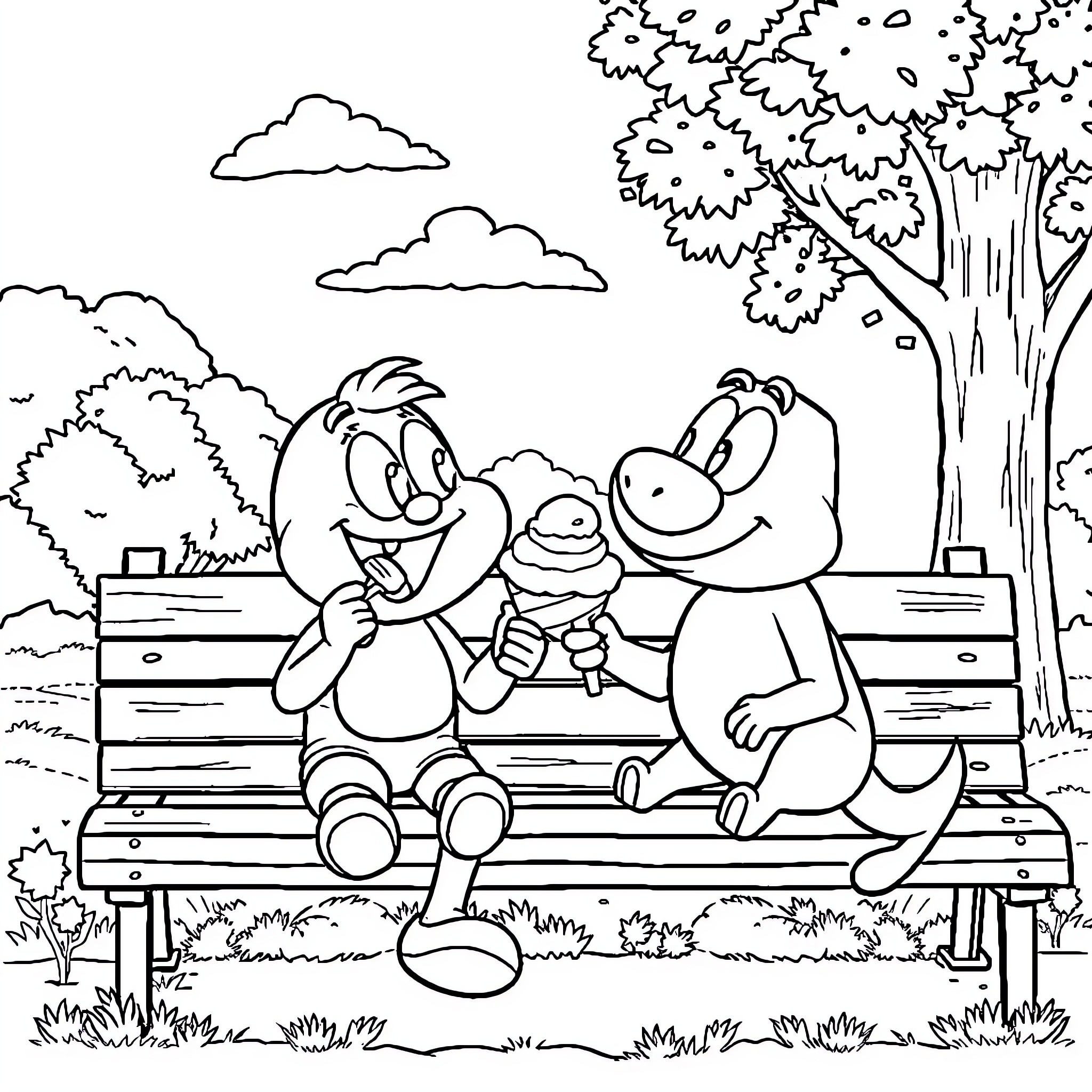 Gumball characters relaxing on a park bench Coloring Page (free black-and-white line drawing printable PDF for all, from beginners to advanced learners, including children, teens, adults, and seniors)