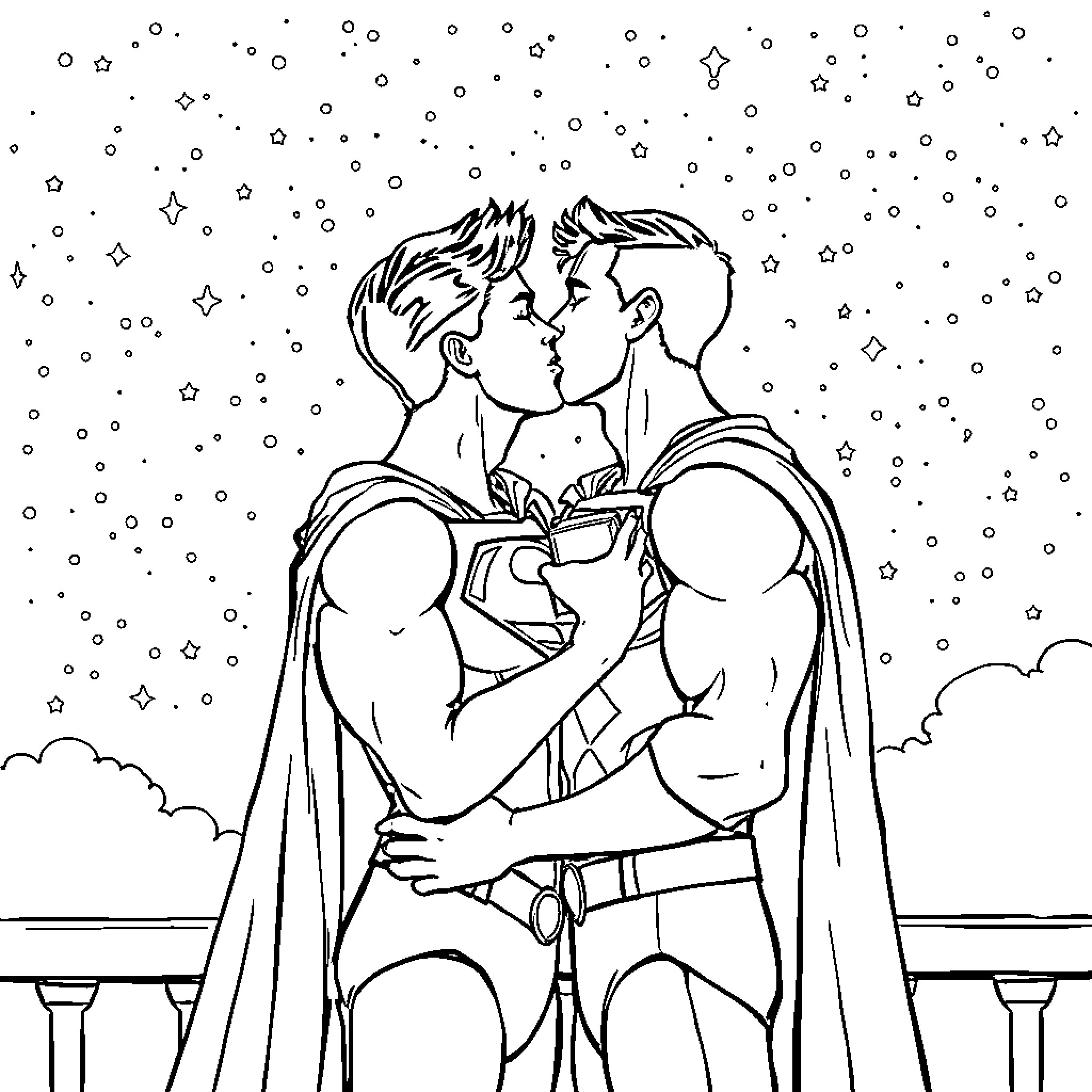 Barman embracing customers in a starry night Coloring Page (free black-and-white line drawing printable PDF for all, from beginners to advanced learners, including children, teens, adults, and seniors)