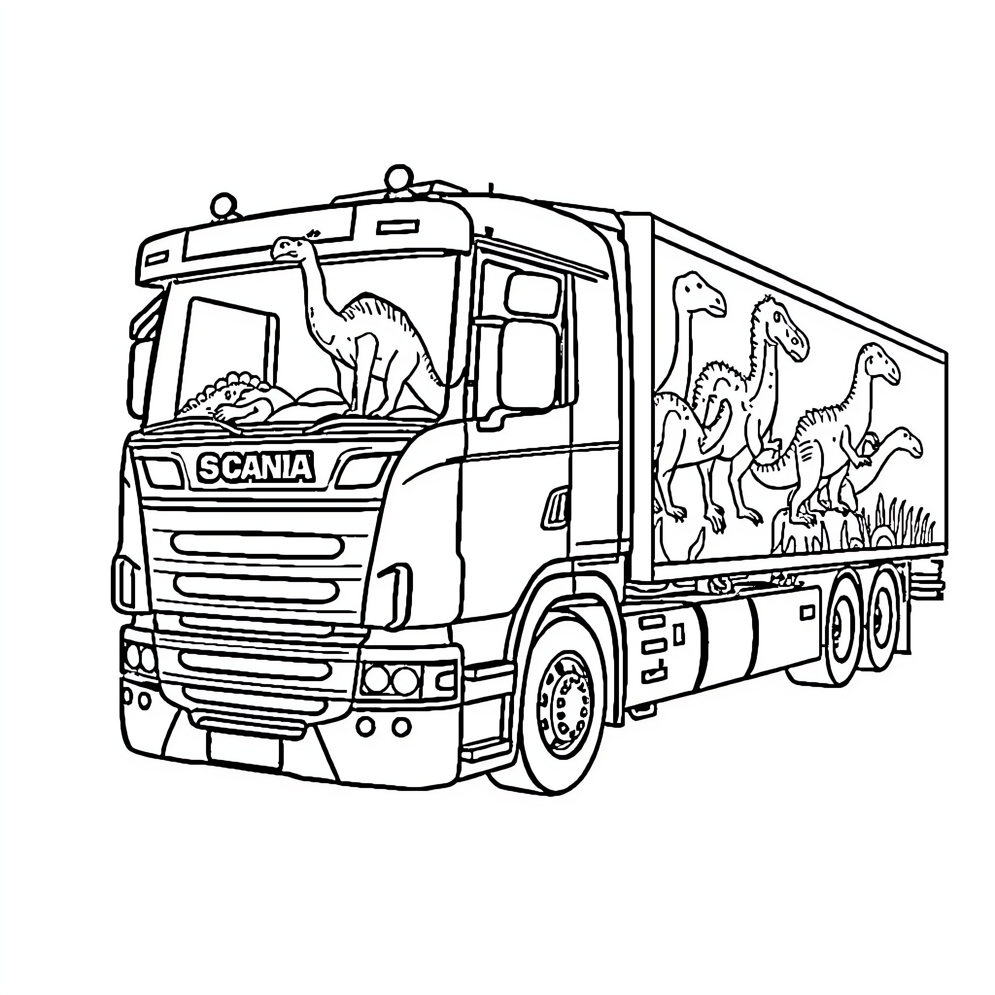 Scania truck transporting dinosaur figurines Coloring Page (free black-and-white line drawing printable PDF for all, from beginners to advanced learners, including children, teens, adults, and seniors)