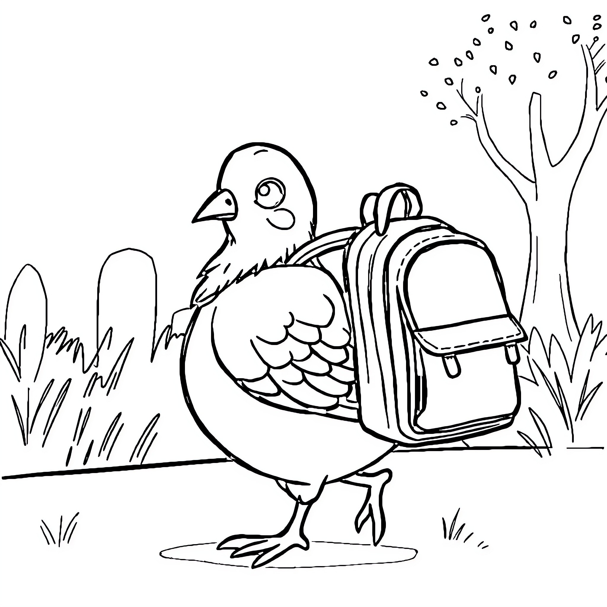 Pigeon with backpack in the park Coloring Page (free black-and-white line drawing printable PDF for all, from beginners to advanced learners, including children, teens, adults, and seniors)