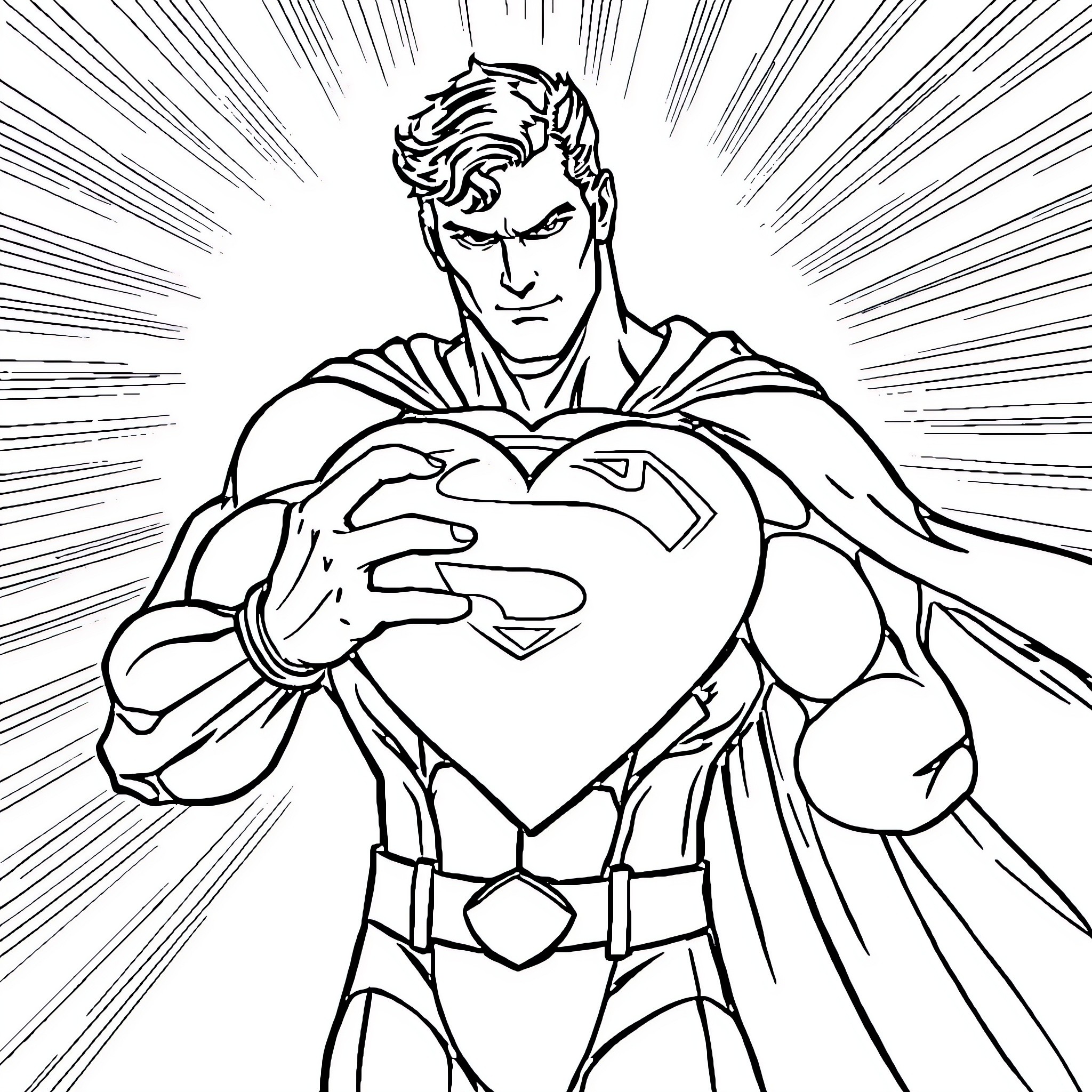 Superman heroically showcasing his super powers Coloring Page (free black-and-white line drawing printable PDF for all, from beginners to advanced learners, including children, teens, adults, and seniors)