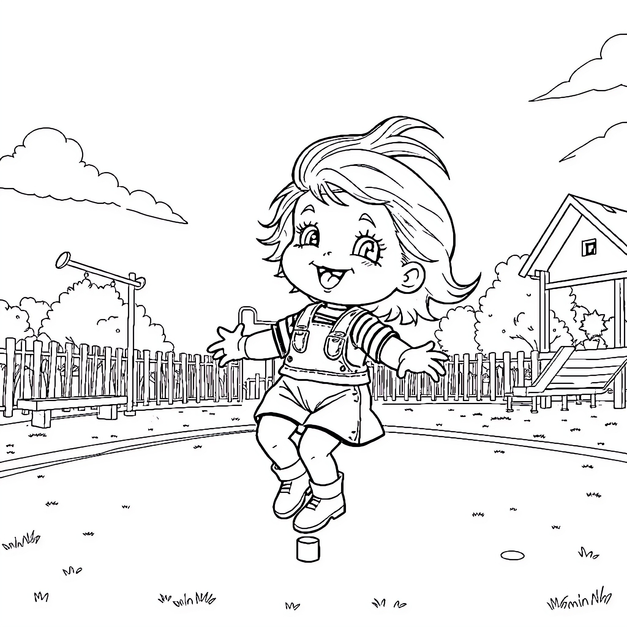 Chucky's Joyful Antics in the Neighborhood Coloring Page (free black-and-white line drawing printable PDF for all, from beginners to advanced learners, including children, teens, adults, and seniors)