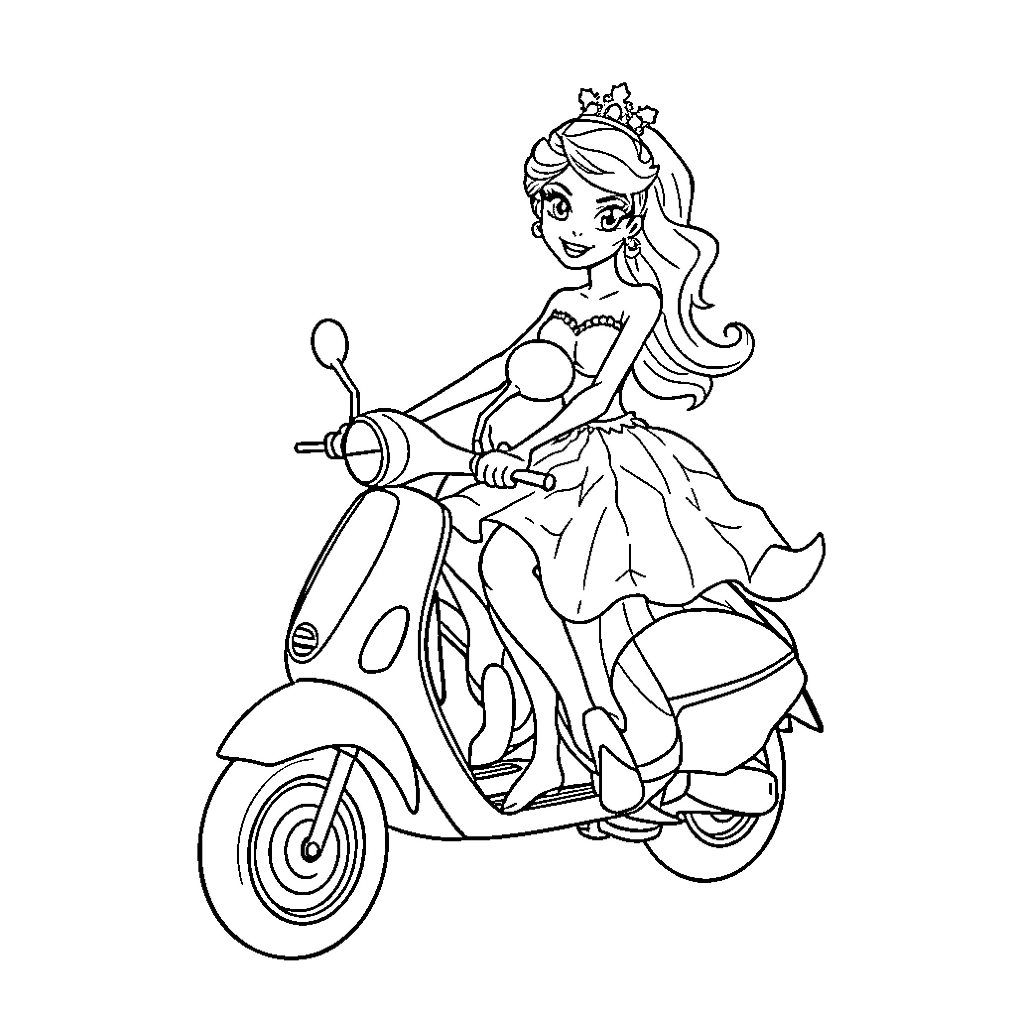 Princess riding a scooter with joy Coloring Page (free black-and-white line drawing printable PDF for all, from beginners to advanced learners, including children, teens, adults, and seniors)