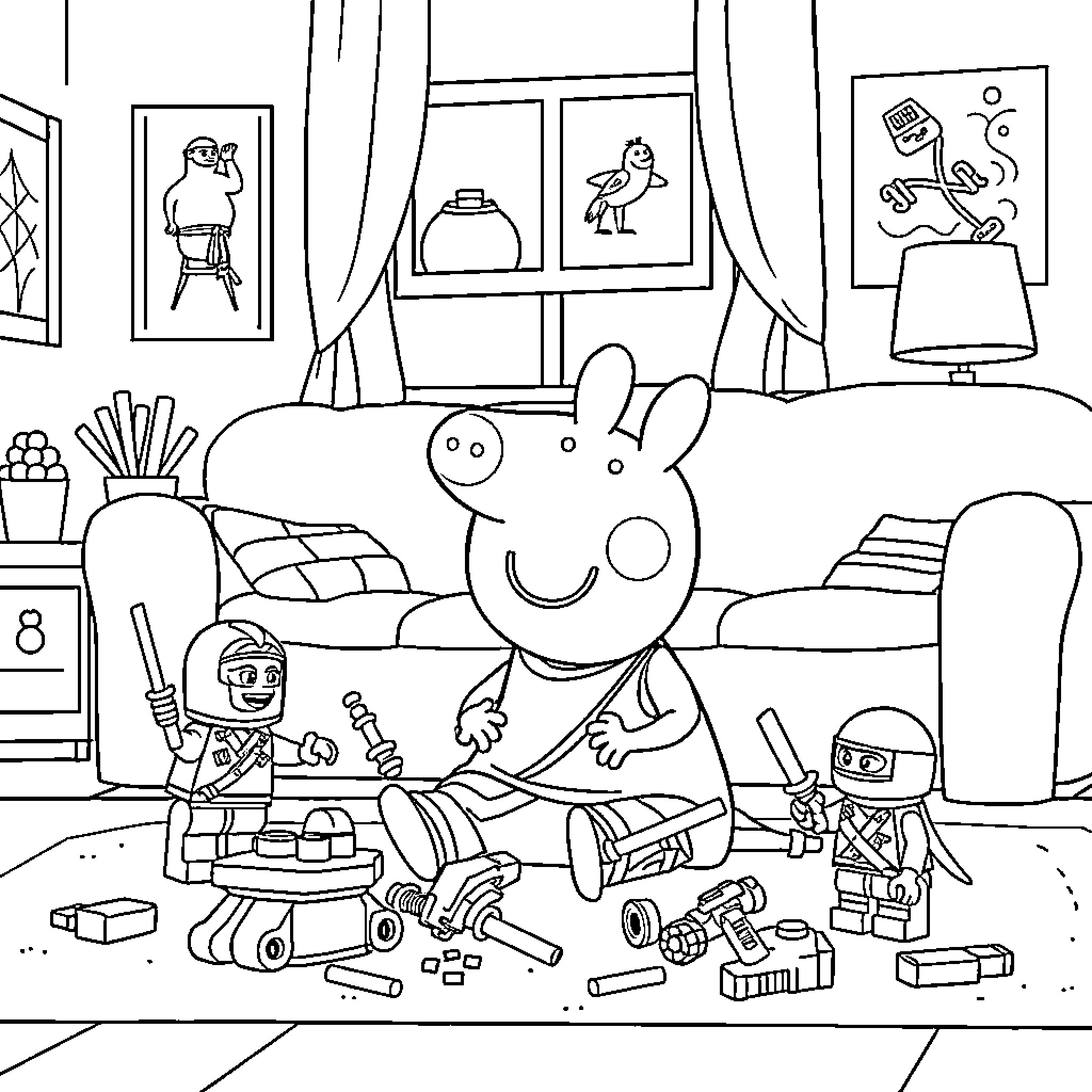 Peppa Pig playing with Lego toys in her room Coloring Page (free black-and-white line drawing printable PDF for all, from beginners to advanced learners, including children, teens, adults, and seniors)