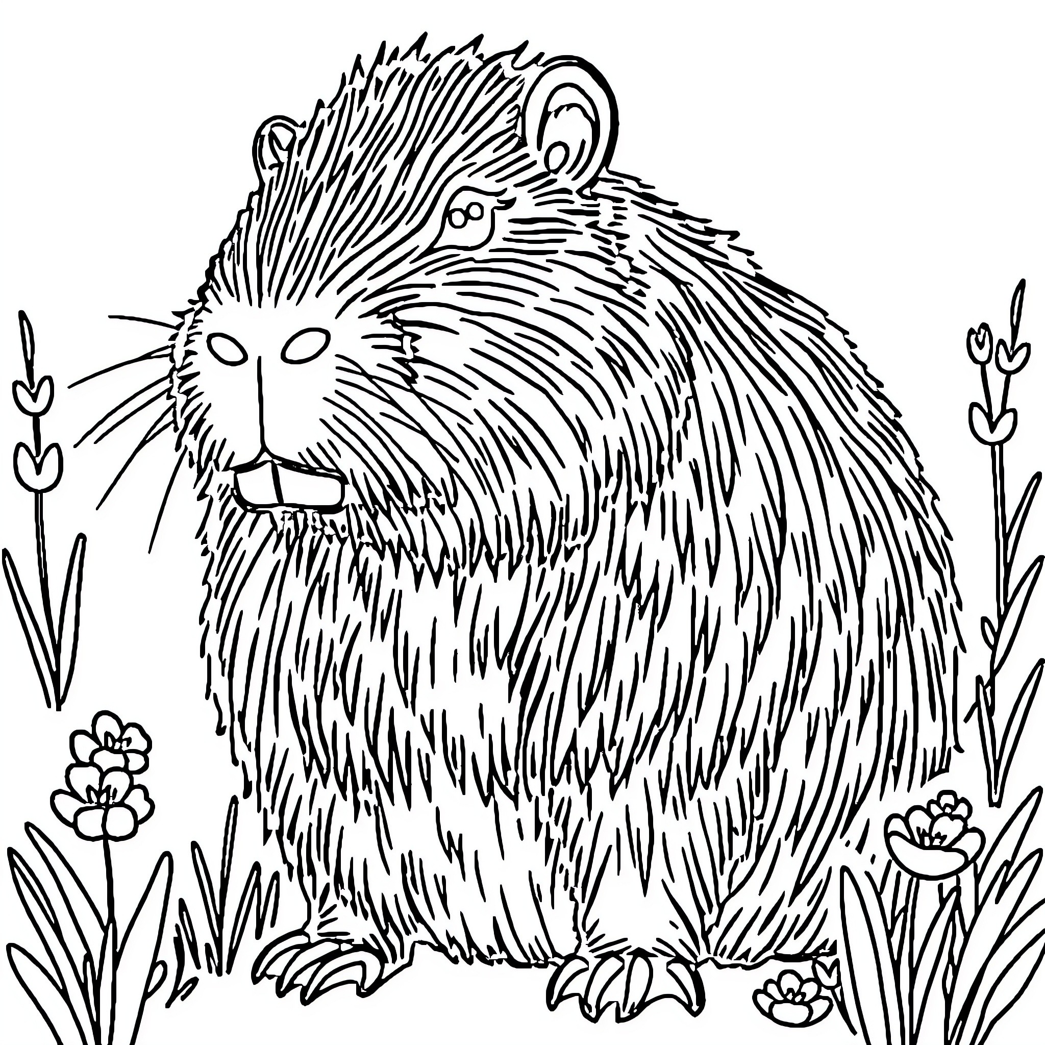 Capybara exploring the floral surroundings Coloring Page (free black-and-white line drawing printable PDF for all, from beginners to advanced learners, including children, teens, adults, and seniors)