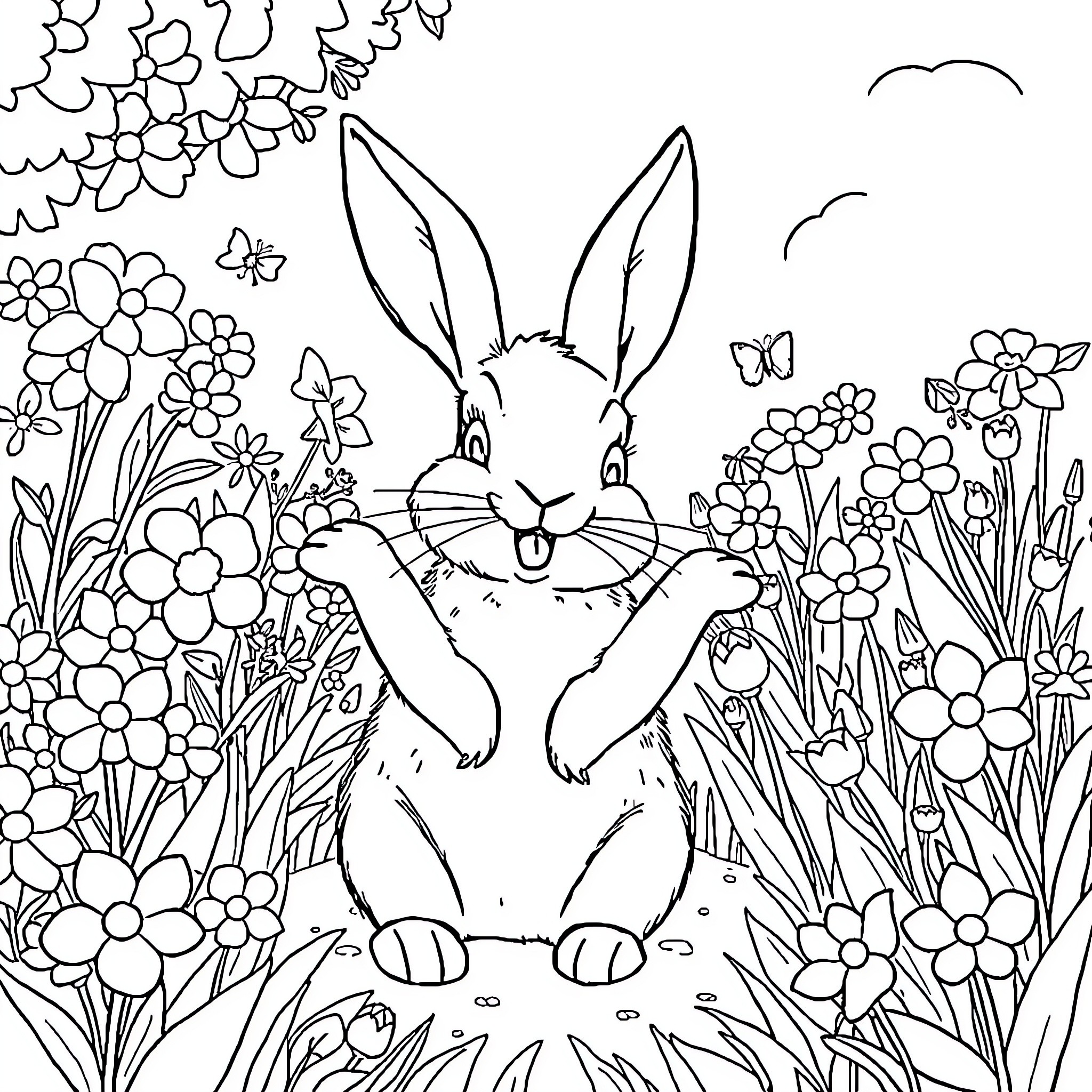 Rabbit exploring a floral garden Coloring Page (free black-and-white line drawing printable PDF for all, from beginners to advanced learners, including children, teens, adults, and seniors)