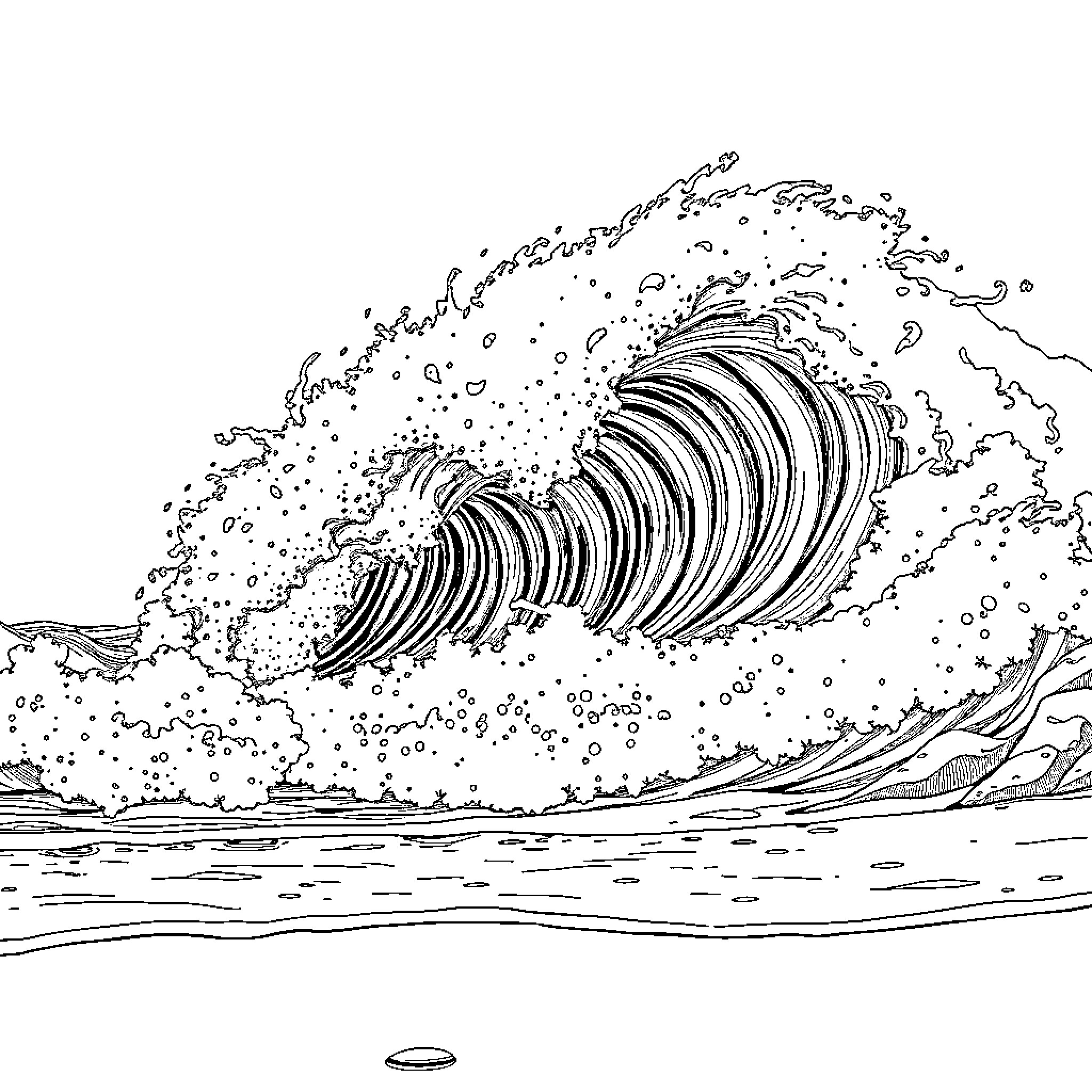 Tsunami crashing with powerful waves and swirling foam Coloring Page (free black-and-white line drawing printable PDF for all, from beginners to advanced learners, including children, teens, adults, and seniors)