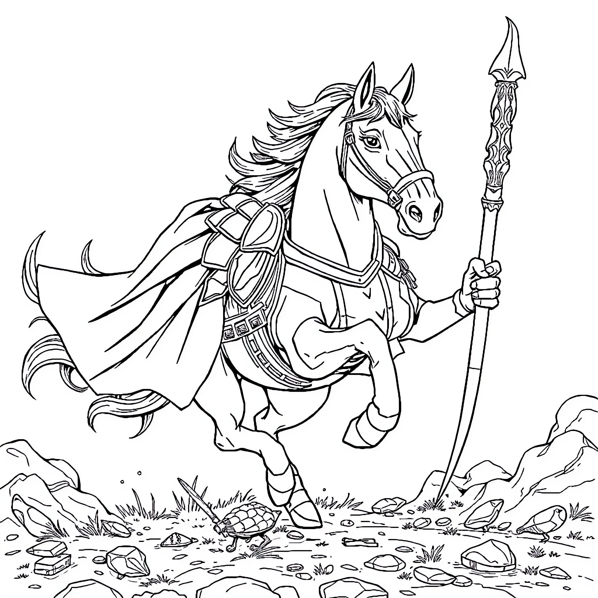 Pangolin warrior riding a majestic horse into battle Coloring Page (free black-and-white line drawing printable PDF for all, from beginners to advanced learners, including children, teens, adults, and seniors)