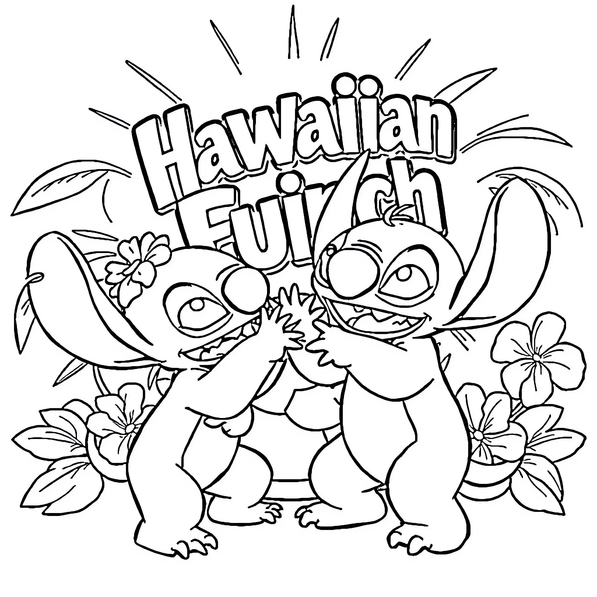Lilo and Stitch in Hawaiian Outfits Coloring Page (free black-and-white line drawing printable PDF for all, from beginners to advanced learners, including children, teens, adults, and seniors)