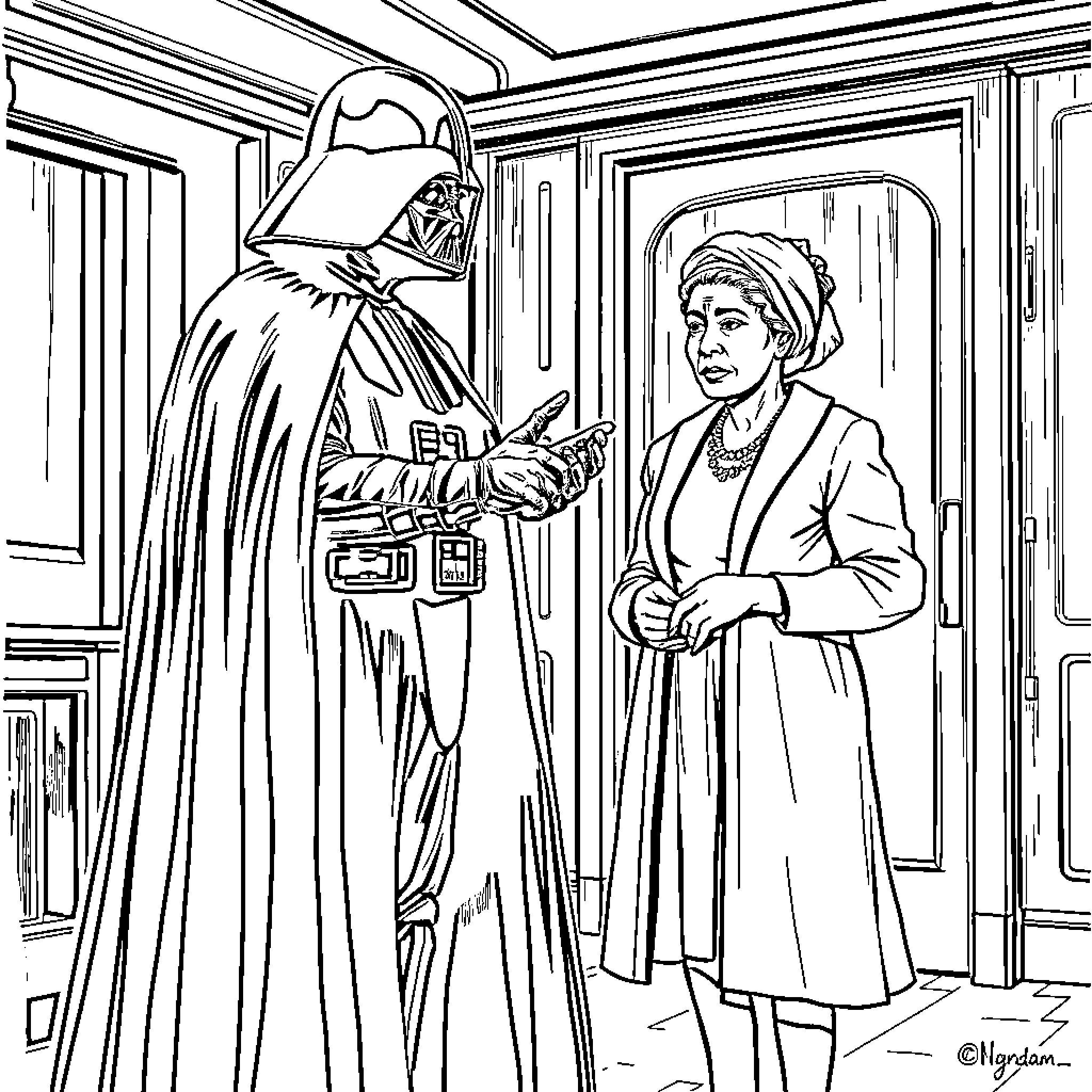 Darth Vader confronts an old woman in a regal setting Coloring Page (free black-and-white line drawing printable PDF for all, from beginners to advanced learners, including children, teens, adults, and seniors)