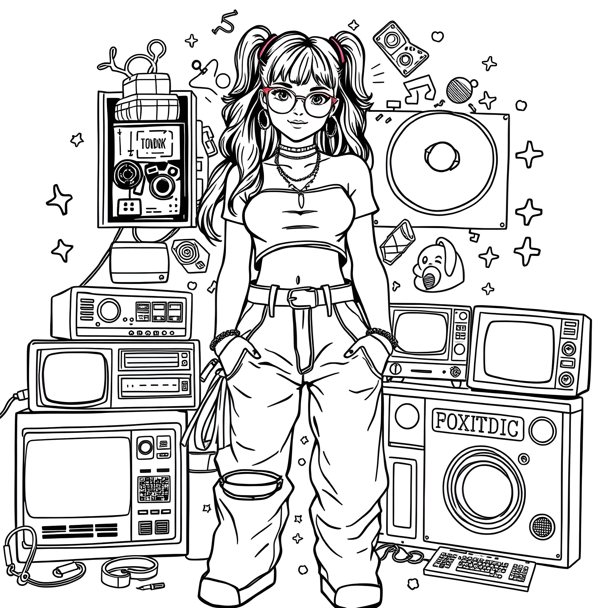 Y2K Girl with Retro Tech and Gadgets Coloring Page (free black-and-white line drawing printable PDF for all, from beginners to advanced learners, including children, teens, adults, and seniors)