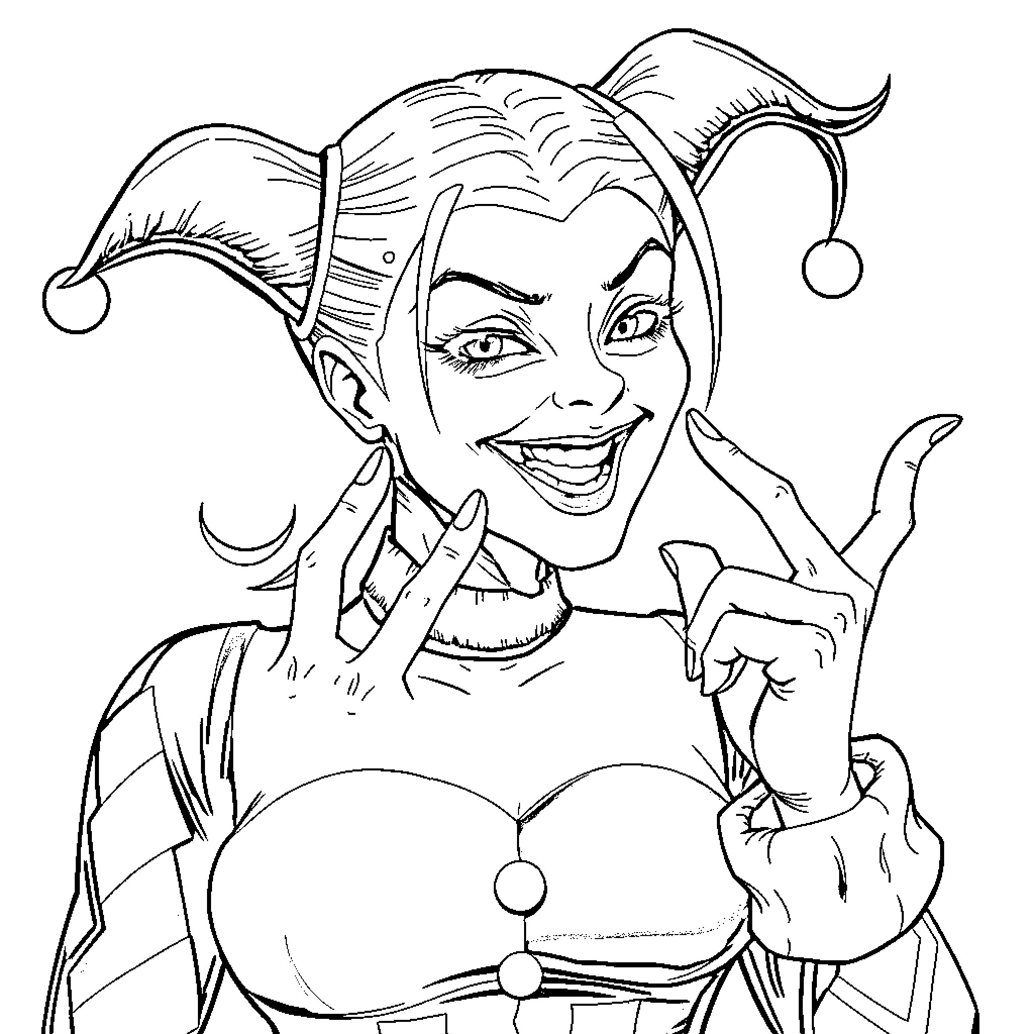 Harley Quinn's Mischievous Grin and Jester Attire Coloring Page (free black-and-white line drawing printable PDF for all, from beginners to advanced learners, including children, teens, adults, and seniors)