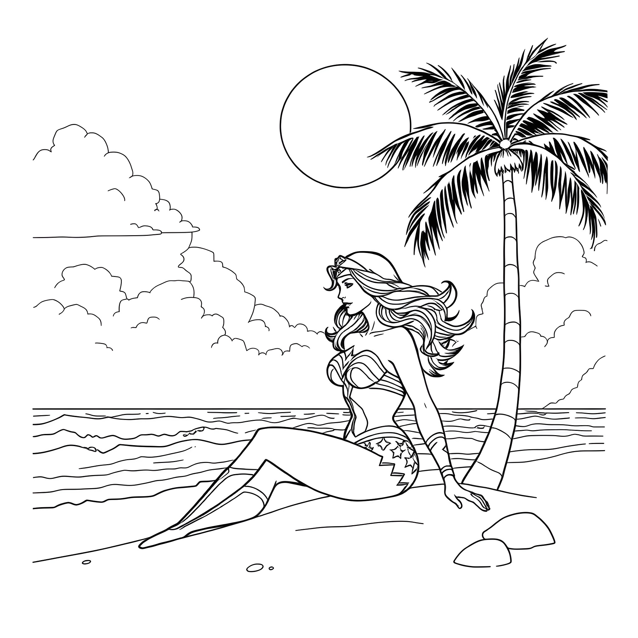 Wonder Woman Resting on a Tropical Beach Coloring Page (free black-and-white line drawing printable PDF for all, from beginners to advanced learners, including children, teens, adults, and seniors)