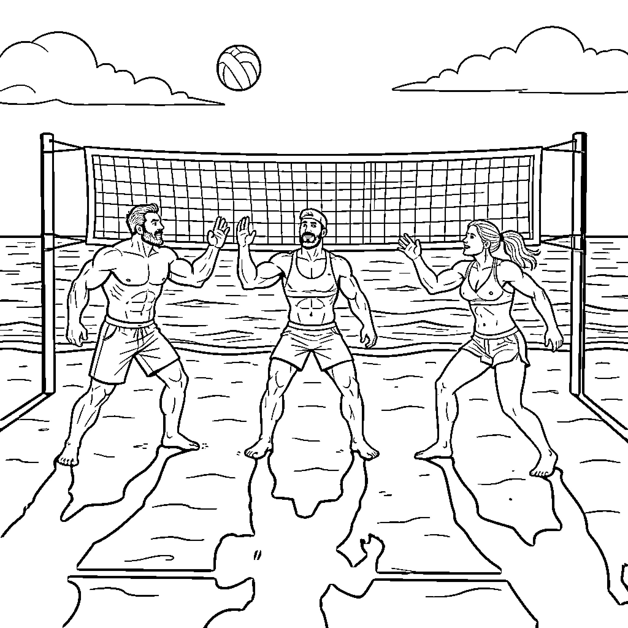 Beach Volleyball players high-fiving during a match Coloring Page (free black-and-white line drawing printable PDF for all, from beginners to advanced learners, including children, teens, adults, and seniors)