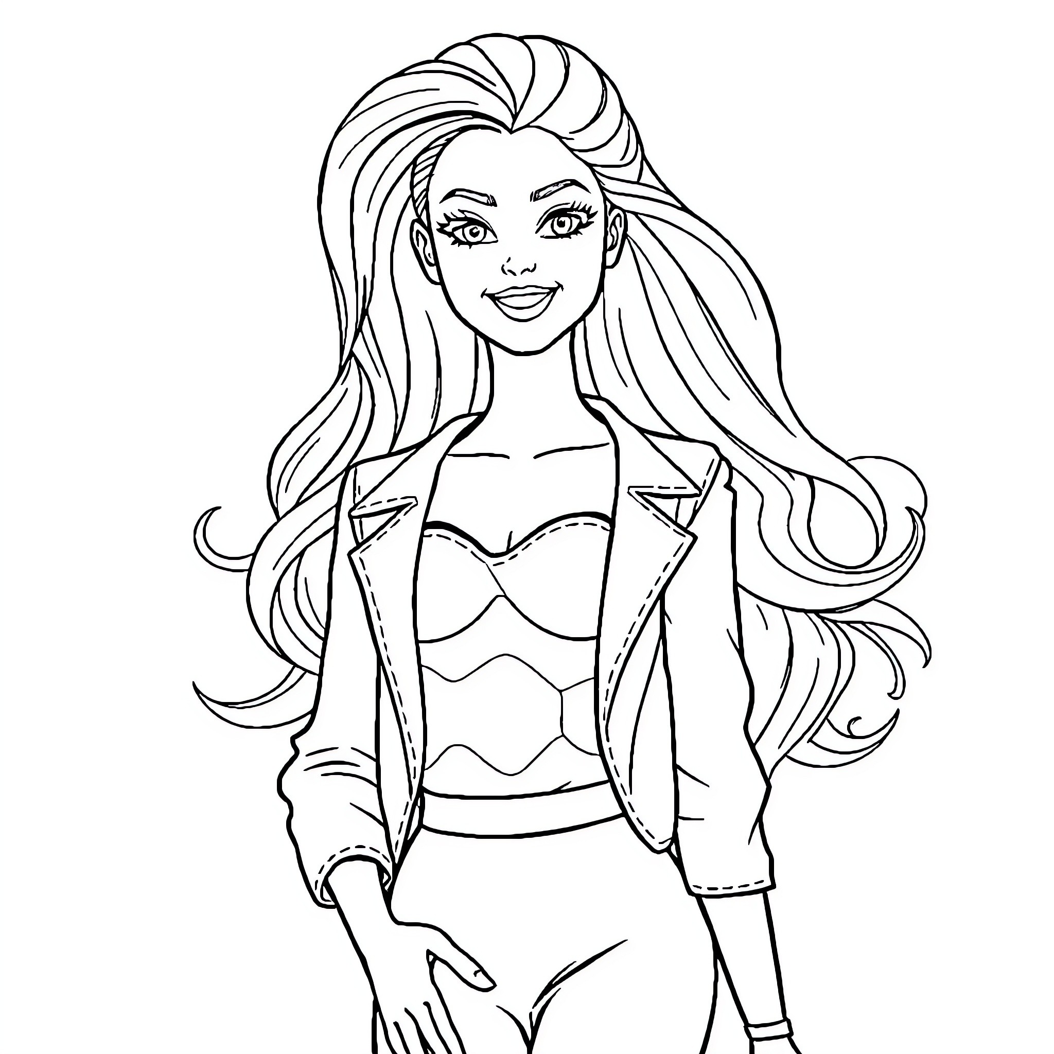 Barbie in stylish casual outfit smiling happily Coloring Page (free black-and-white line drawing printable PDF for all, from beginners to advanced learners, including children, teens, adults, and seniors)