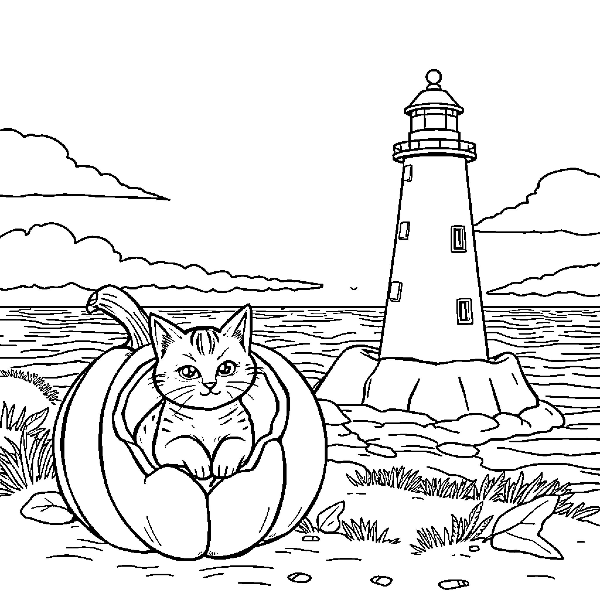 Cat in Pumpkin near Lighthouse by the Sea Coloring Page (free black-and-white line drawing printable PDF for all, from beginners to advanced learners, including children, teens, adults, and seniors)