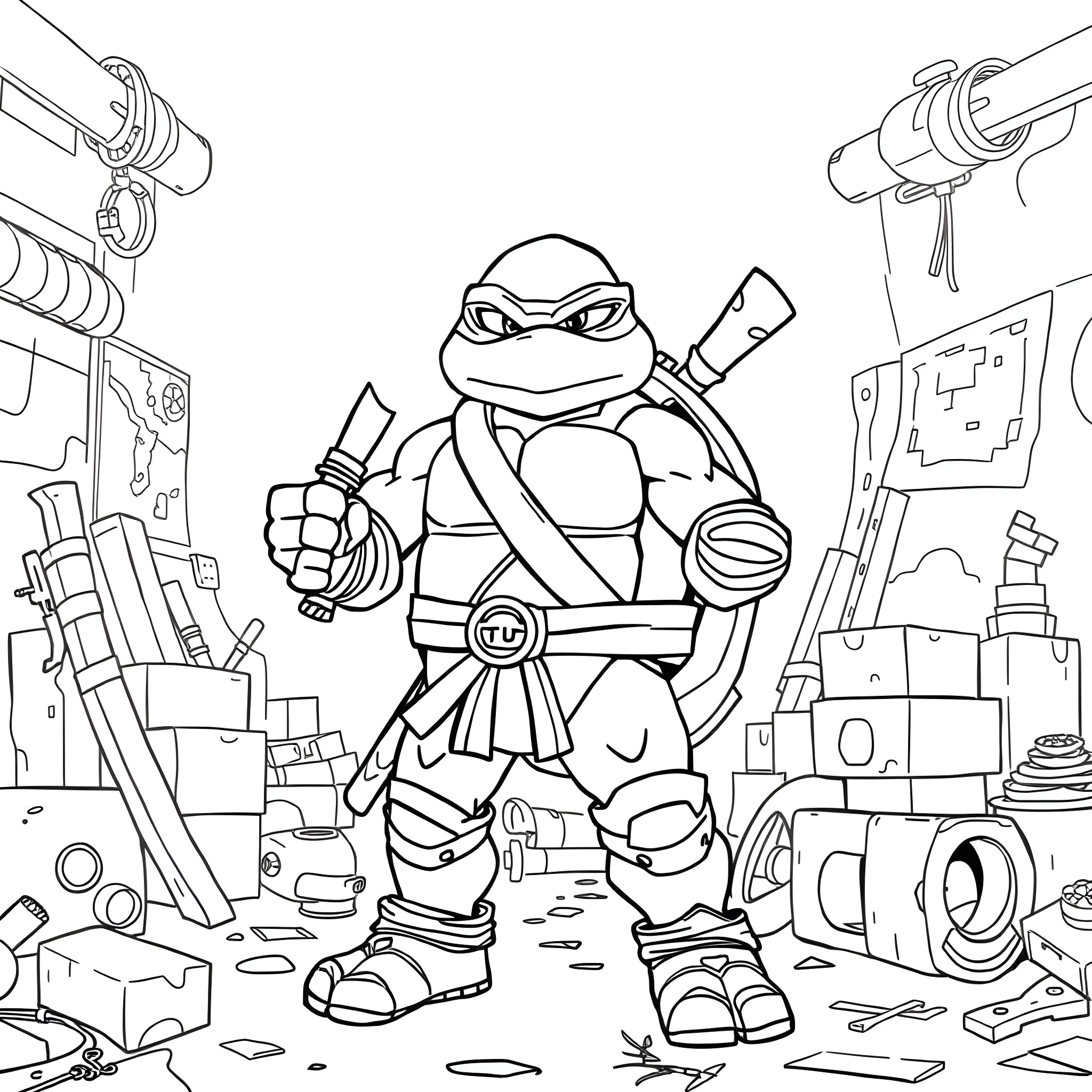 Ninja Turtle in Action with Weapons and Gear Coloring Page (free black-and-white line drawing printable PDF for all, from beginners to advanced learners, including children, teens, adults, and seniors)
