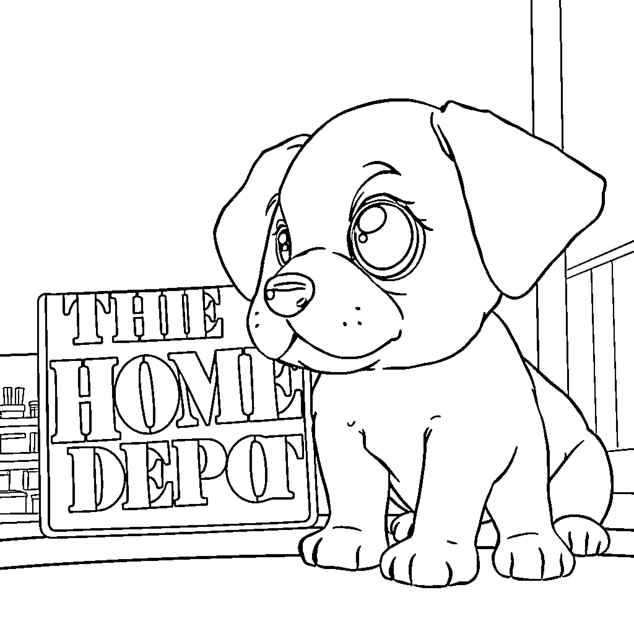 Puppy at the home depot Coloring Page (free black-and-white line drawing printable PDF for all, from beginners to advanced learners, including children, teens, adults, and seniors)