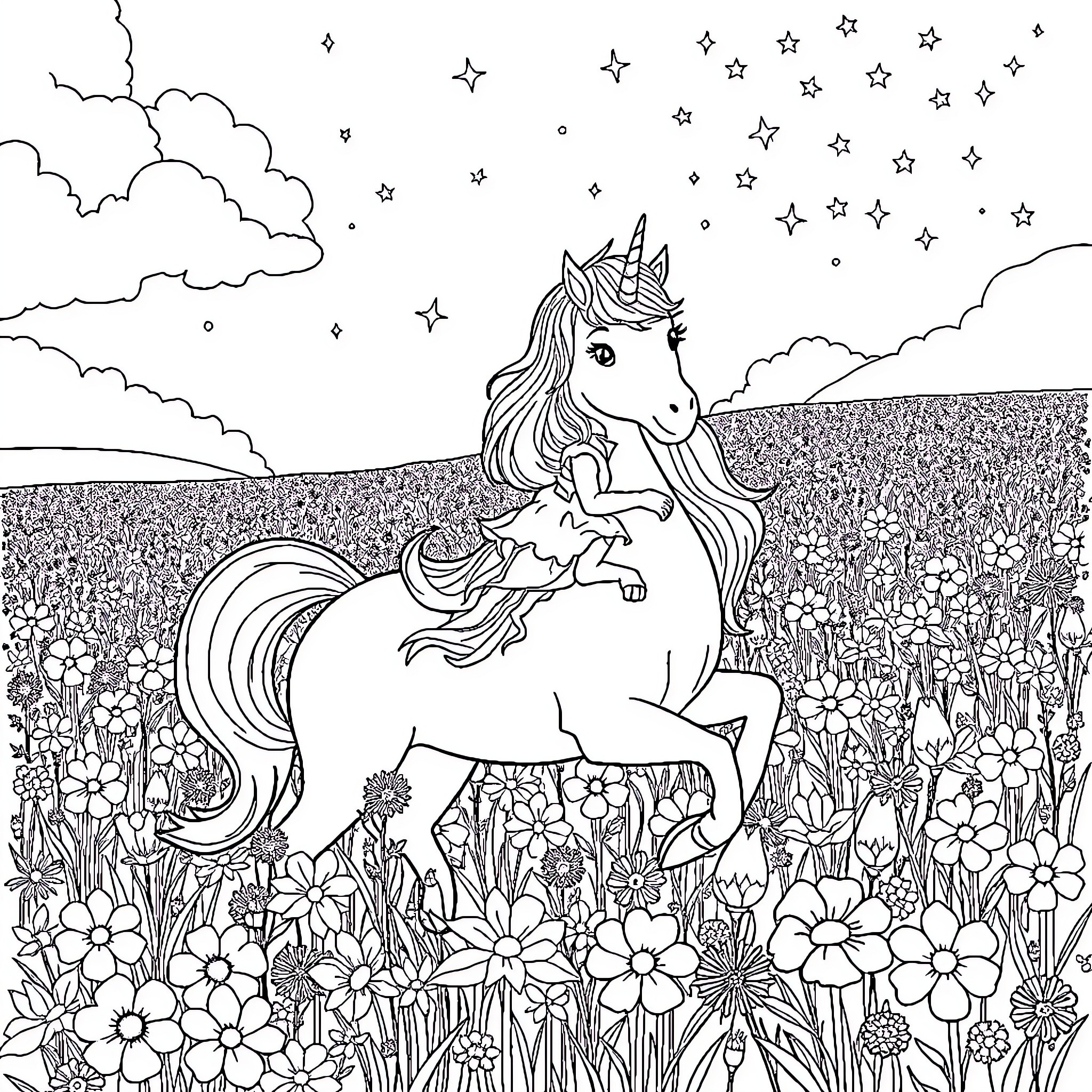 Licorne in a Magical Floral Meadow Coloring Page (free black-and-white line drawing printable PDF for all, from beginners to advanced learners, including children, teens, adults, and seniors)